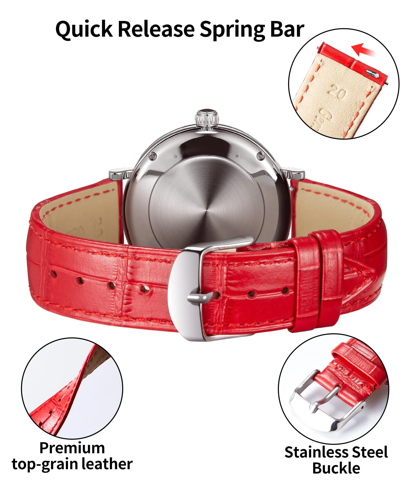 BINLUN Cinturino per Orologio in Pelle Sgancio Rapido 13mm Rosso - immagine 3