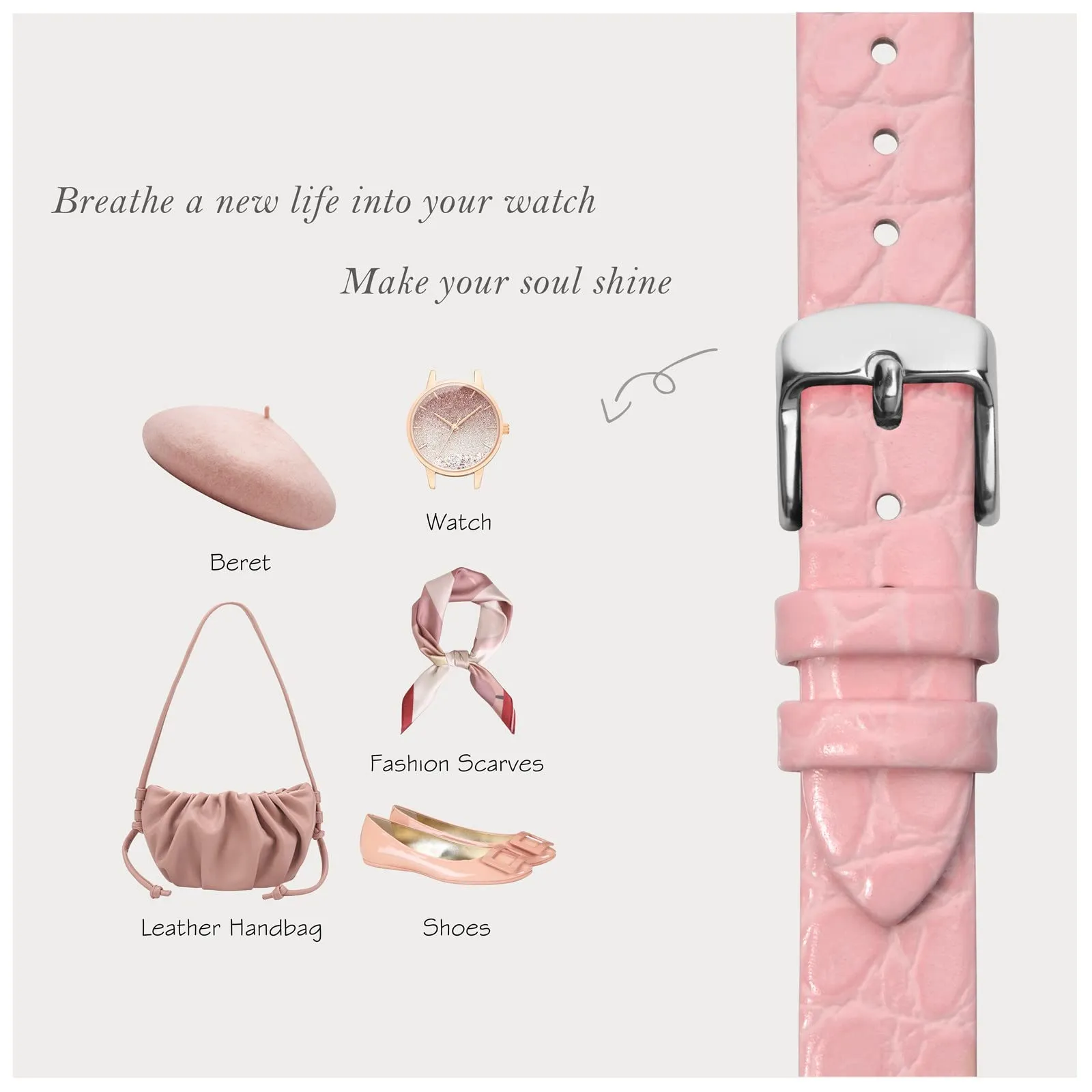 BISONSTRAP Cinturino di Ricambio in Pelle per Orologi Donna, 20mm, Rosa con Fibbia Argento - immagine 7