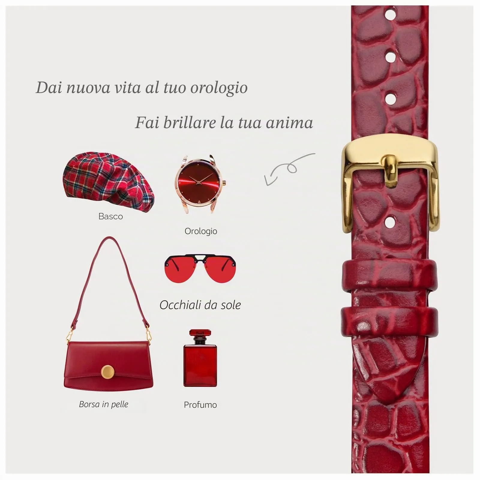 BISONSTRAP Cinturino in Pelle per Orologi Donna, 20mm, Rosso con Fibbia in Oro - immagine 7