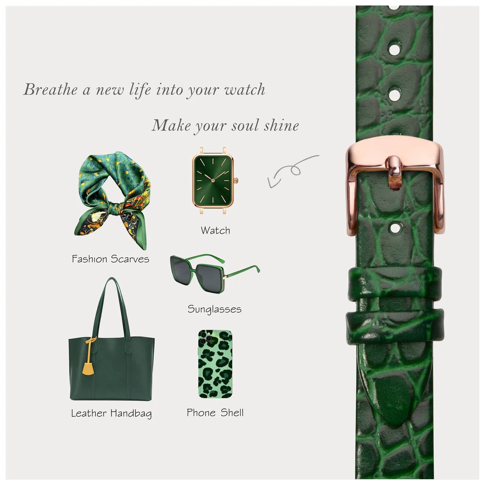 BISONSTRAP Cinturino di Ricambio in Pelle per Orologi Donna, 10mm, Verde con Fibbia in Oro Rosa - immagine 7