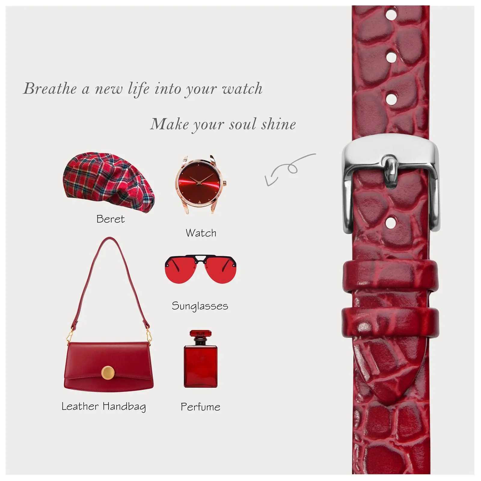 BISONSTRAP Cinturino di Ricambio in Pelle per Orologi Donna, 20mm, Rosso con Fibbia in Argento - immagine 7