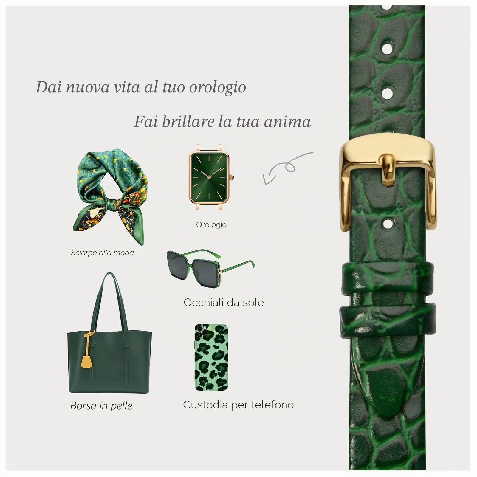 BISONSTRAP Cinturino in Pelle per Orologi Donna, 20mm, Verde con Fibbia in Oro - immagine 7
