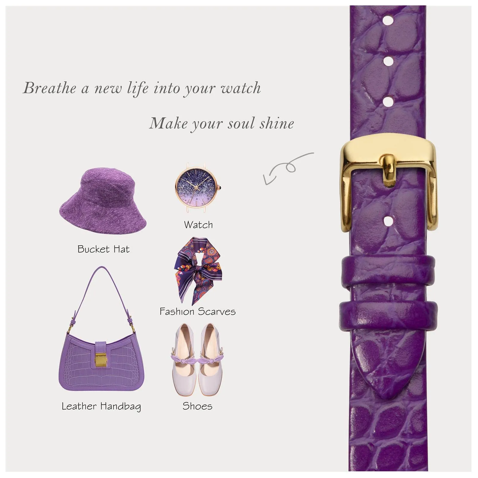BISONSTRAP Cinturino in Pelle per Orologi Donna, 20mm, Viola con Fibbia in Oro - immagine 7