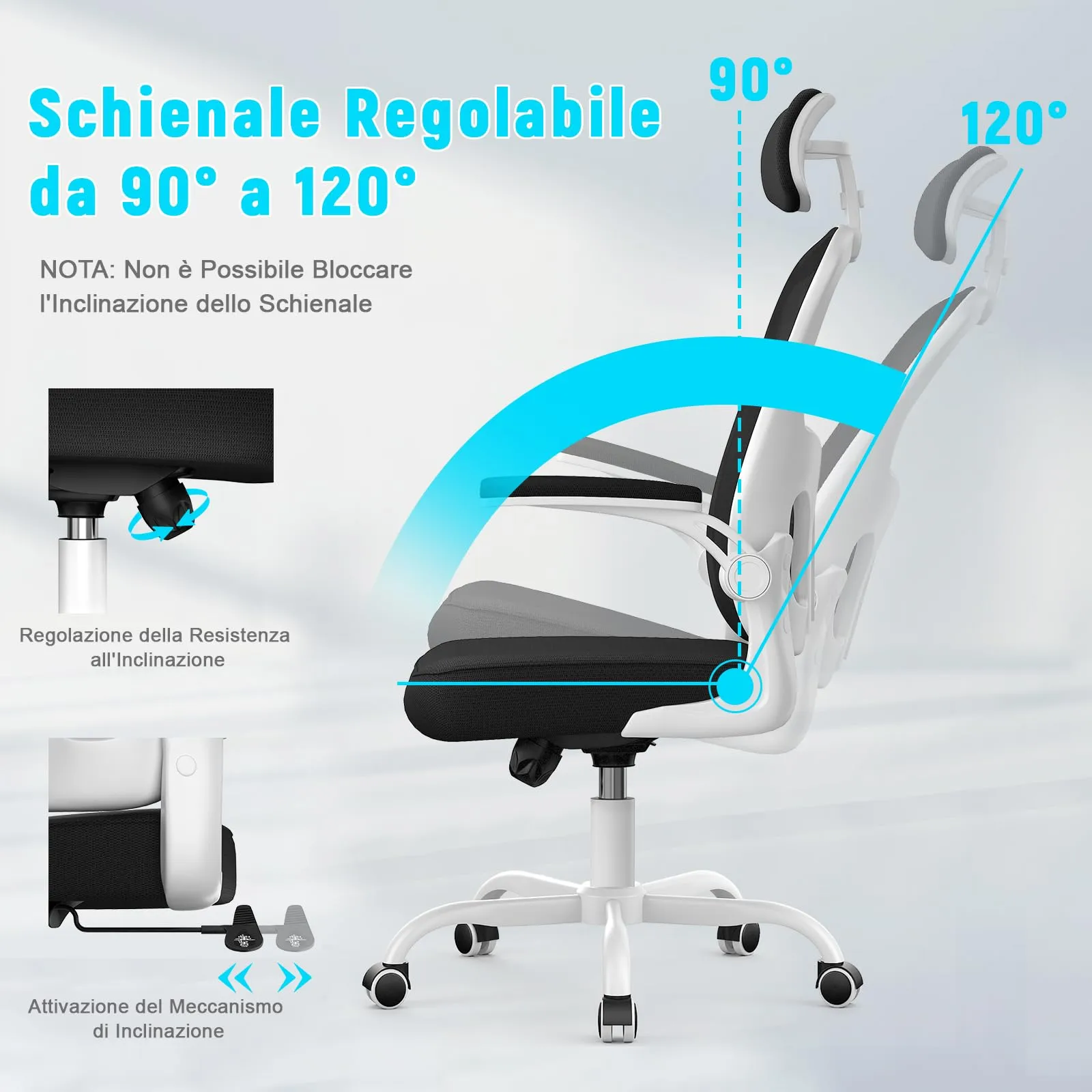 rattantree Sedia da Ufficio Ergonomica con Poggiatesta Regolabile YUD-K011, Bianco e Nero - immagine 4