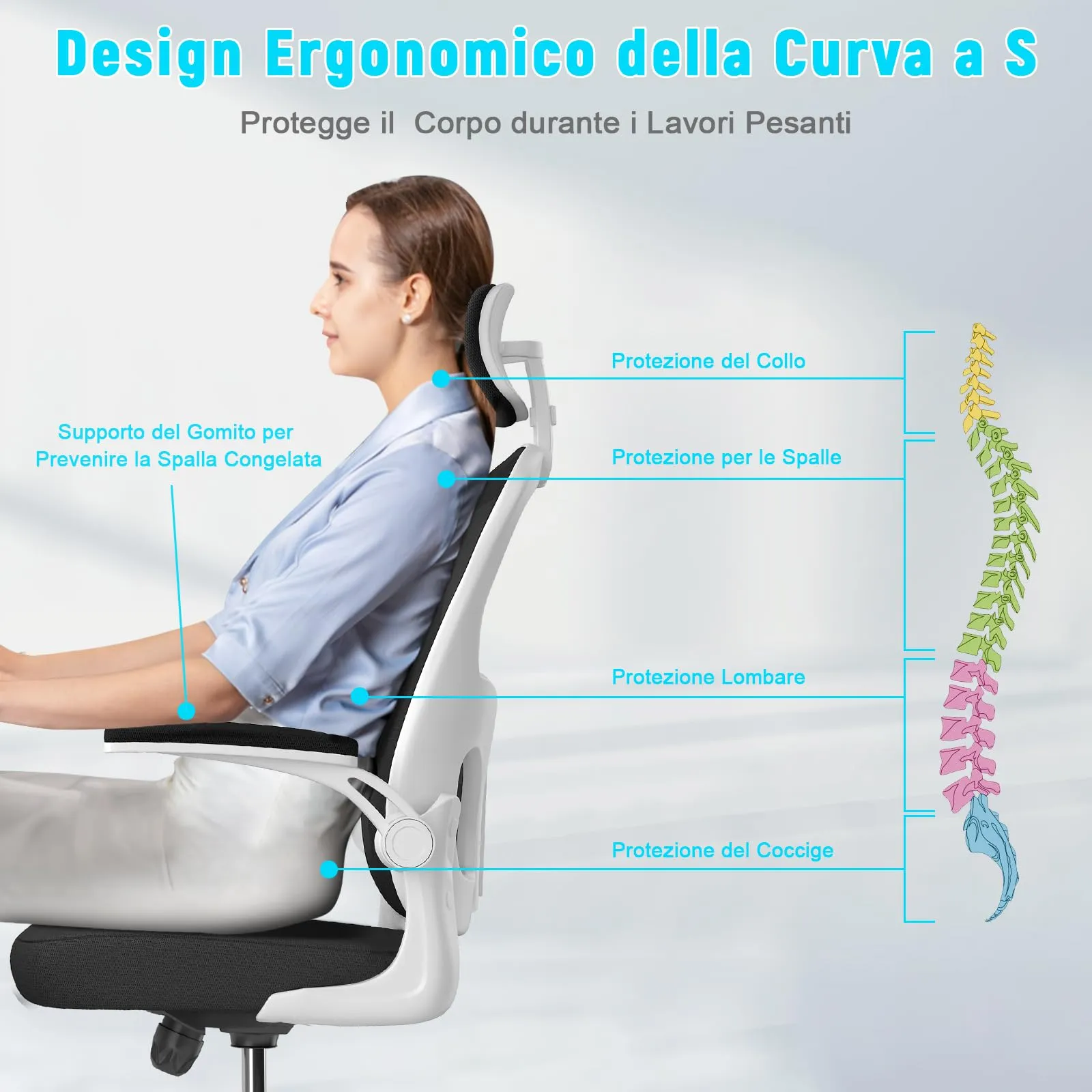 rattantree Sedia da Ufficio Ergonomica con Poggiatesta Regolabile YUD-K011, Bianco e Nero - immagine 5