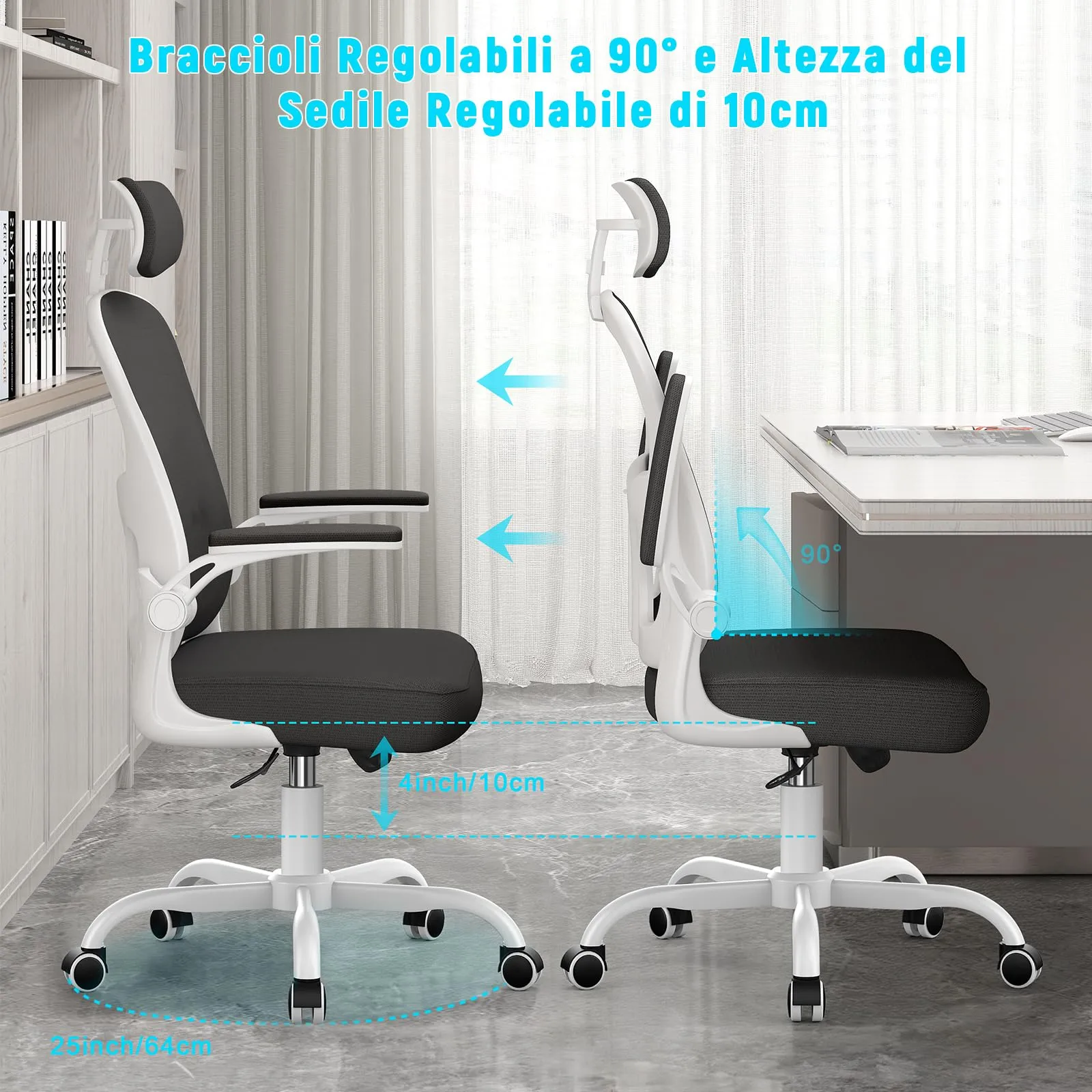 rattantree Sedia da Ufficio Ergonomica con Poggiatesta Regolabile YUD-K011, Bianco e Nero - immagine 6