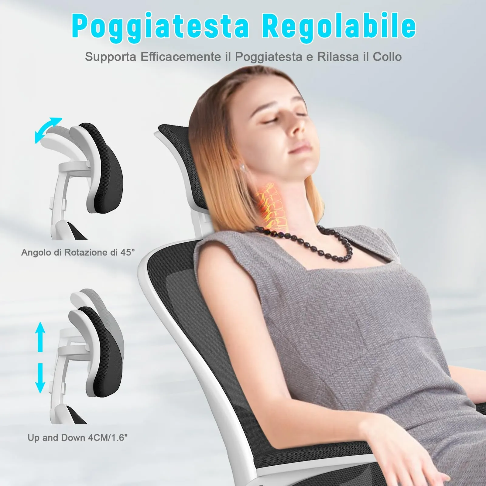 rattantree Sedia da Ufficio Ergonomica con Poggiatesta Regolabile YUD-K011, Bianco e Nero - immagine 8