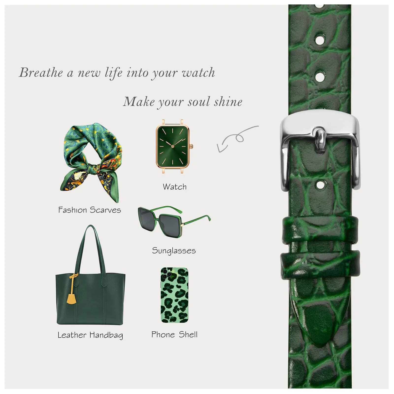 BISONSTRAP Cinturino in Pelle per Orologi Donna, 20mm, Verde con Fibbia in Argento - immagine 7