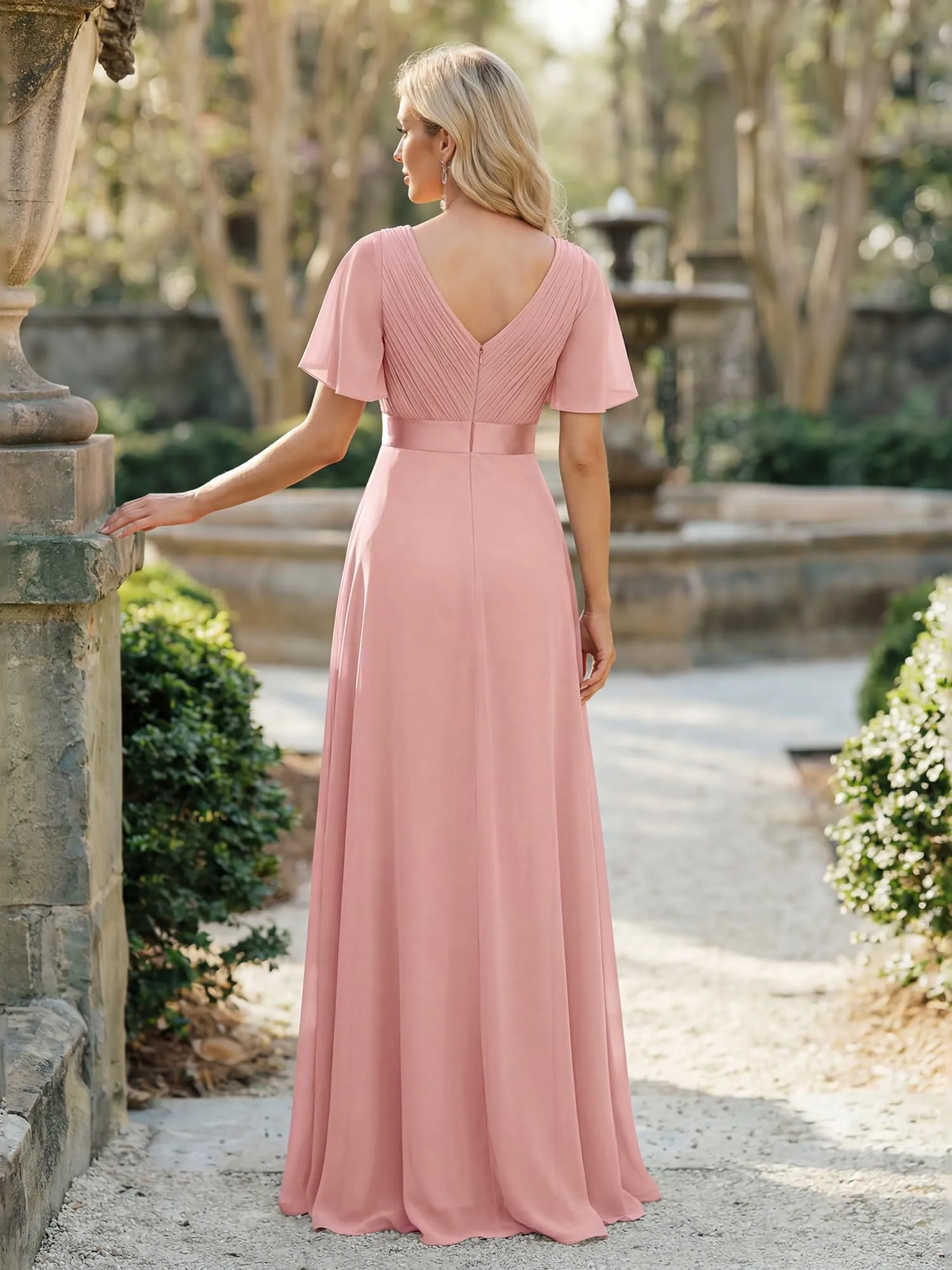 Ever-Pretty Vestito da Cerimonia Donna Scollo a V Linea ad A con Spacco Dusty Rose 48 - immagine 3