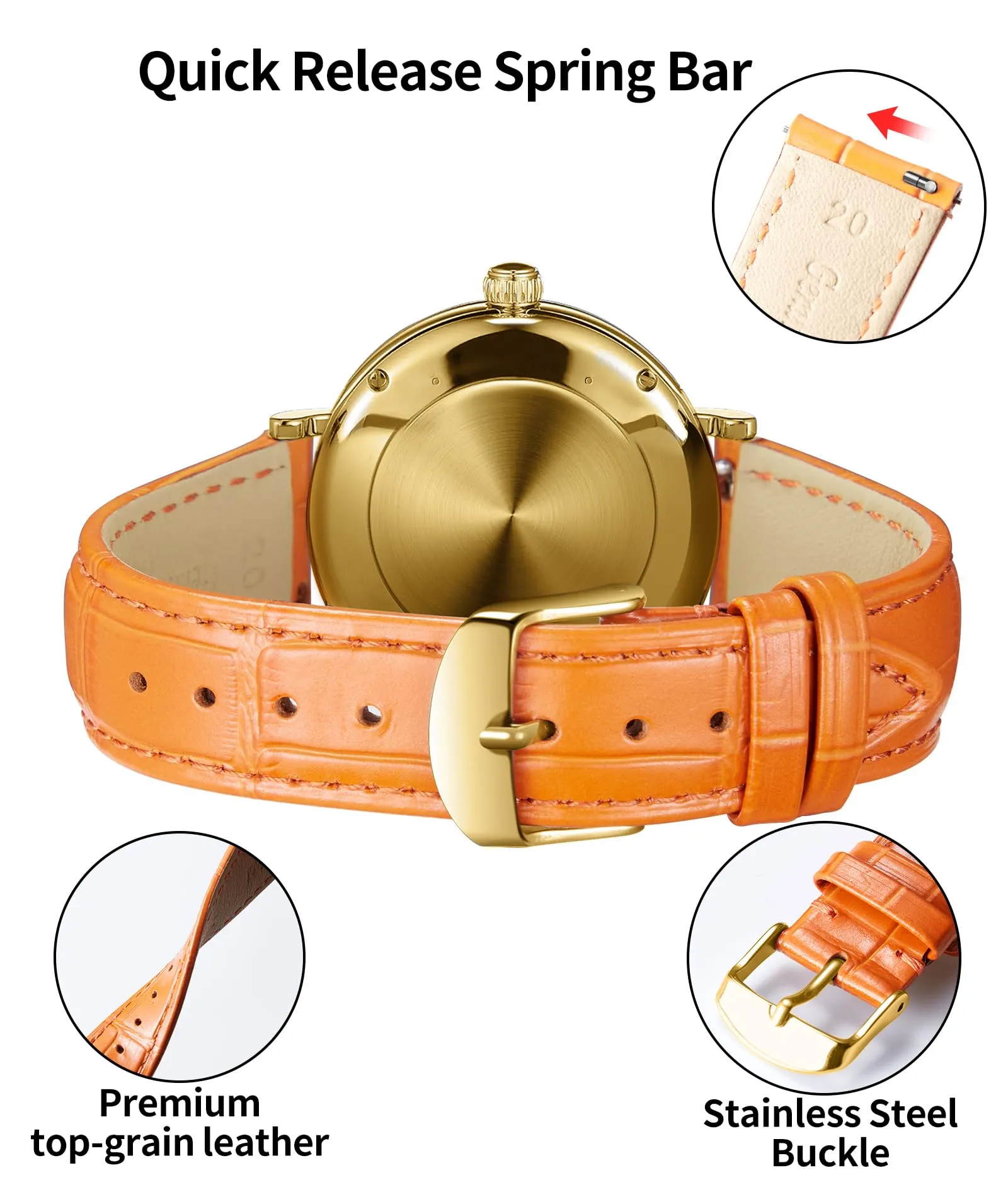 BINLUN Cinturino per Orologio in Pelle Sgancio Rapido Uomo Donna, Arancio, 15mm - immagine 3