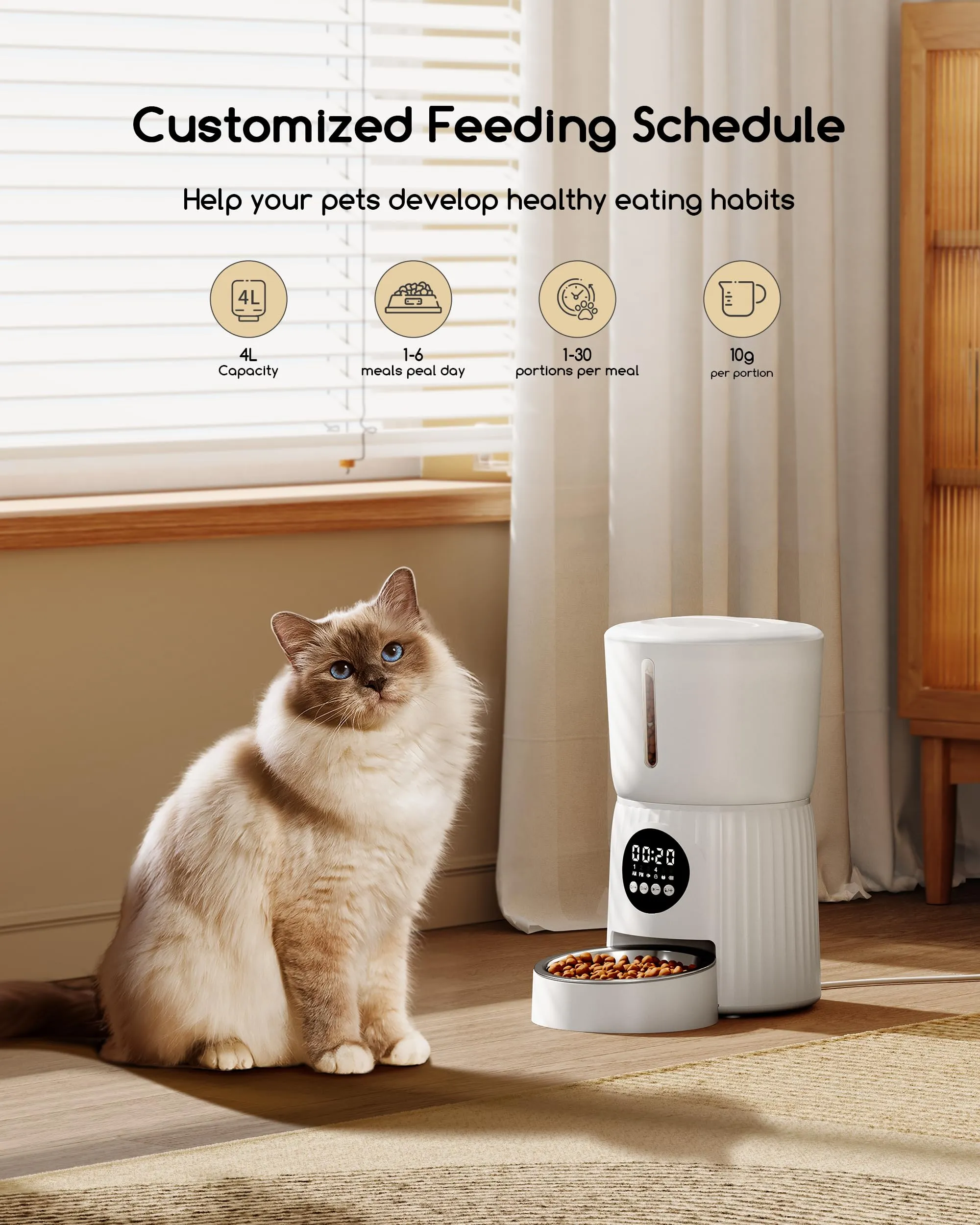 Faroro Distributore Automatico Cibo Gatti, 4L, 1-6 Pasti al Giorno, Porzioni Regolabili, Messaggio Vocale 10s, Alimentazione Lenta, Bianco - immagine 2