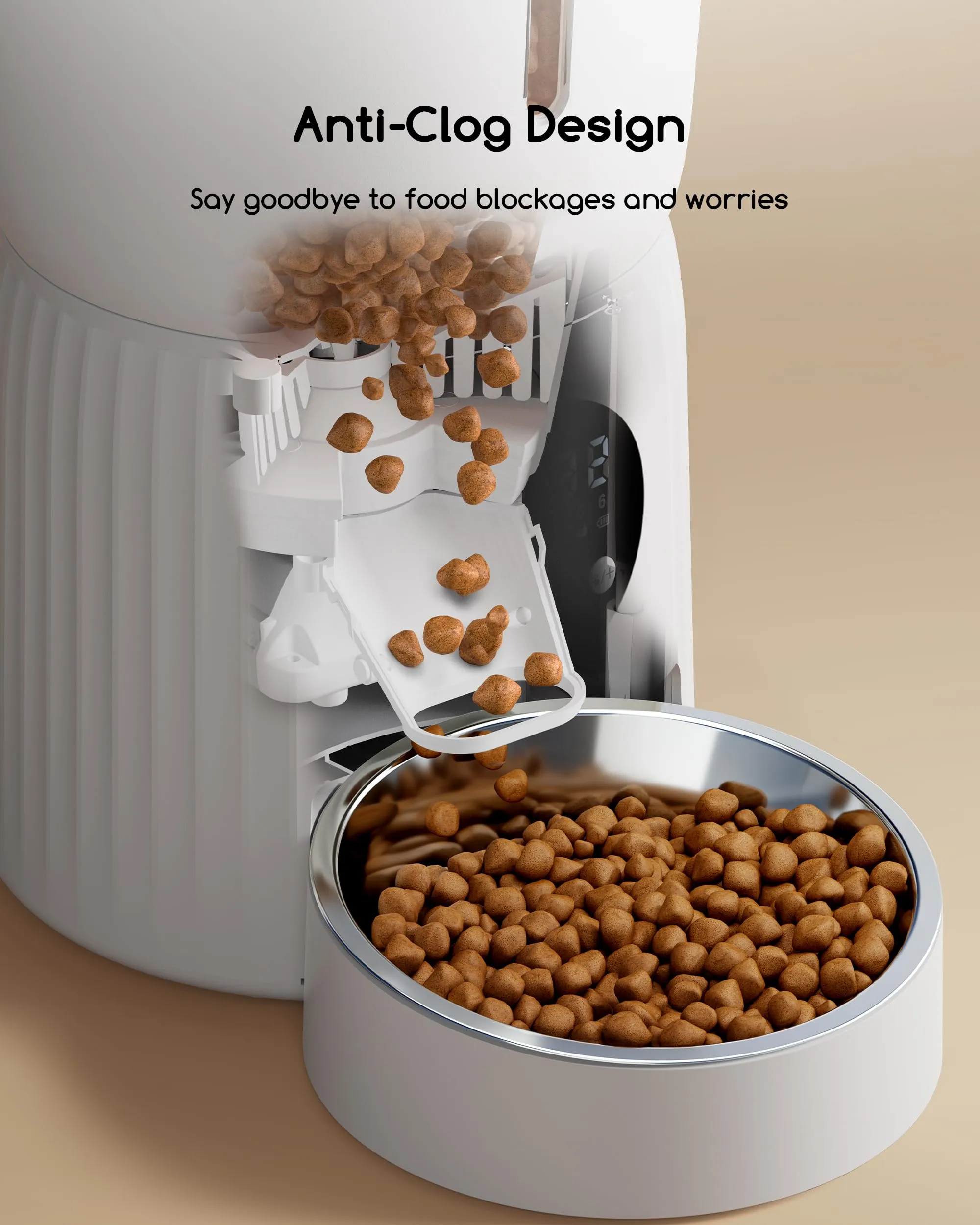 Faroro Distributore Automatico Cibo Gatti, 4L, 1-6 Pasti al Giorno, Porzioni Regolabili, Messaggio Vocale 10s, Alimentazione Lenta, Bianco - immagine 5