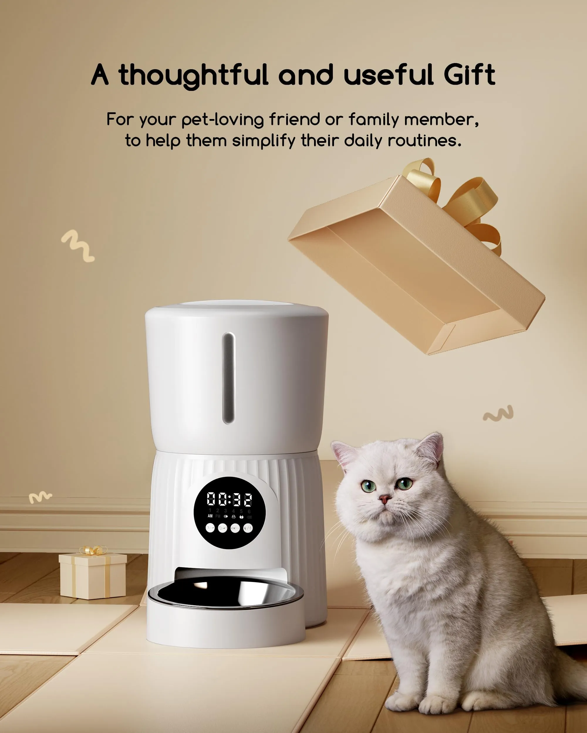 Faroro Distributore Automatico Cibo Gatti, 4L, 1-6 Pasti al Giorno, Porzioni Regolabili, Messaggio Vocale 10s, Alimentazione Lenta, Bianco - immagine 8