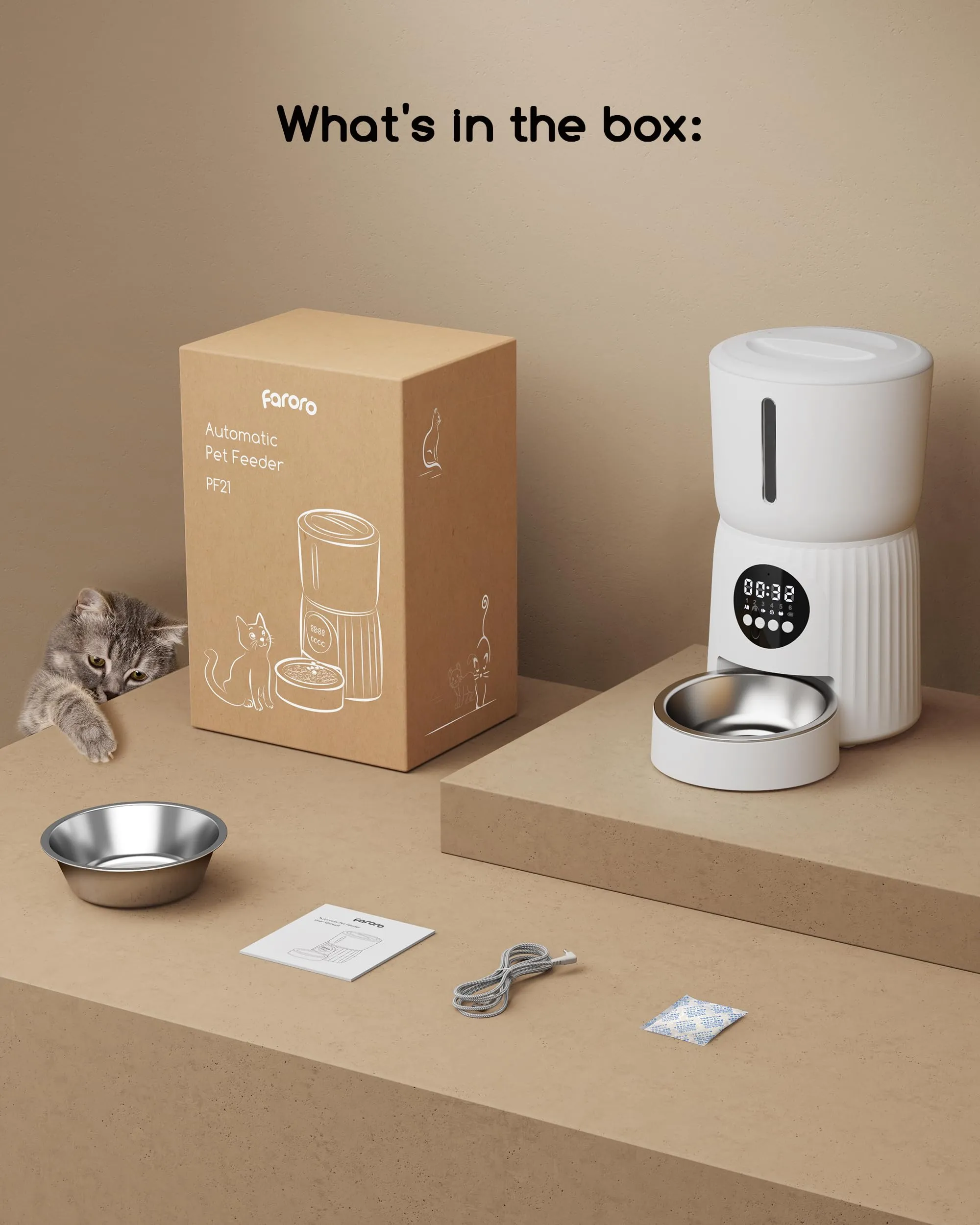 Faroro Distributore Automatico Cibo Gatti, 4L, 1-6 Pasti al Giorno, Porzioni Regolabili, Messaggio Vocale 10s, Alimentazione Lenta, Bianco - immagine 9