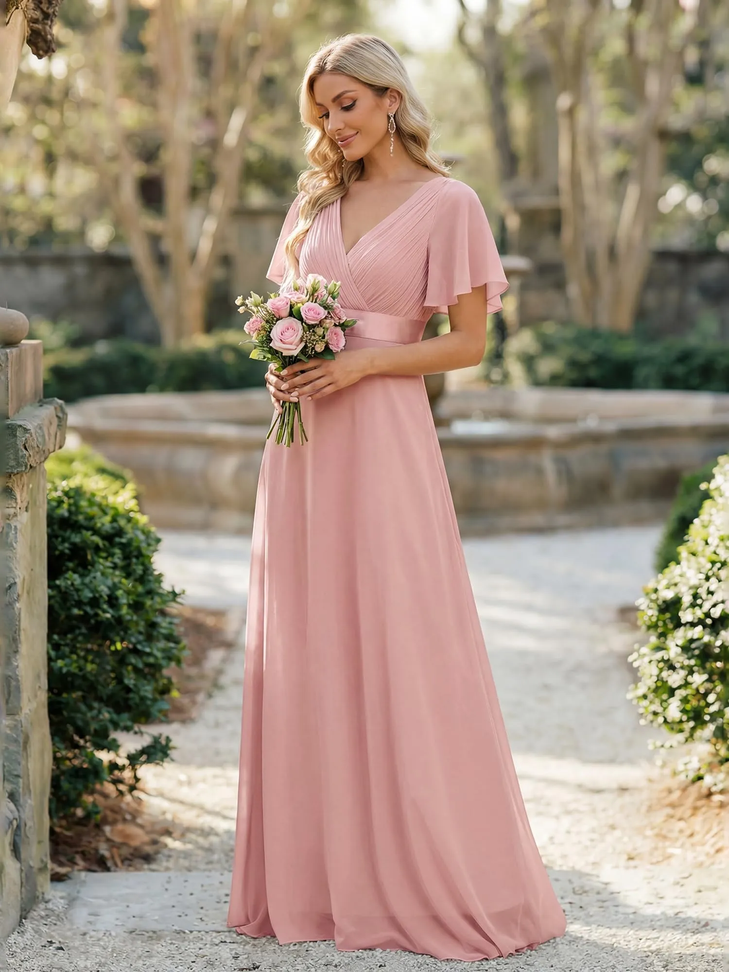 Ever-Pretty Vestito da Cerimonia Donna Scollo a V Linea ad A Dusty Rose 56 - immagine 2