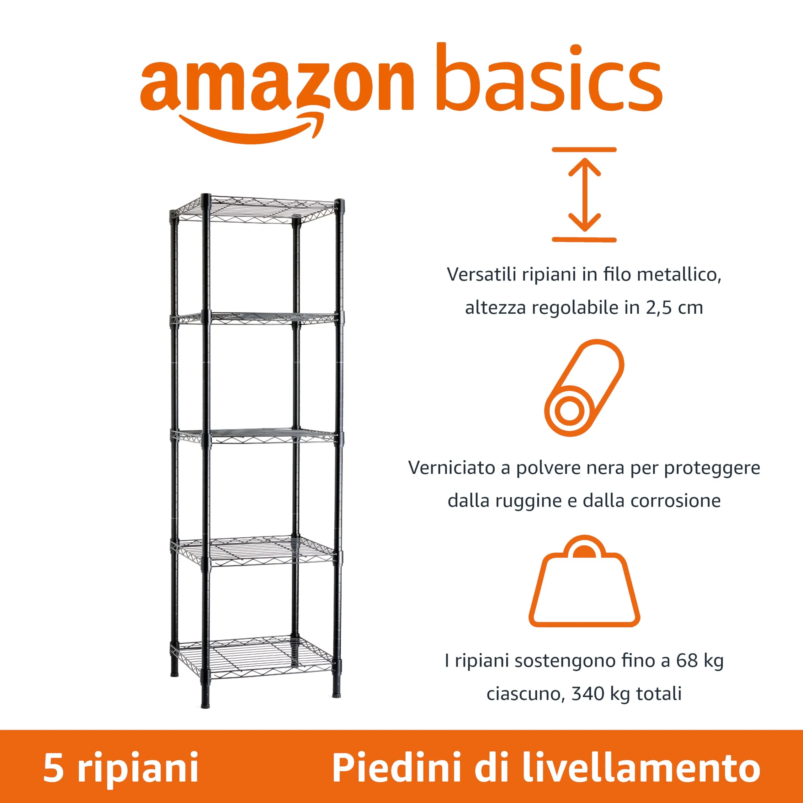 Amazon Basics Scaffale a Torre Regolabile con 5 Ripiani, Nero, 40.6 x 40.6 x 137.2 cm - immagine 2