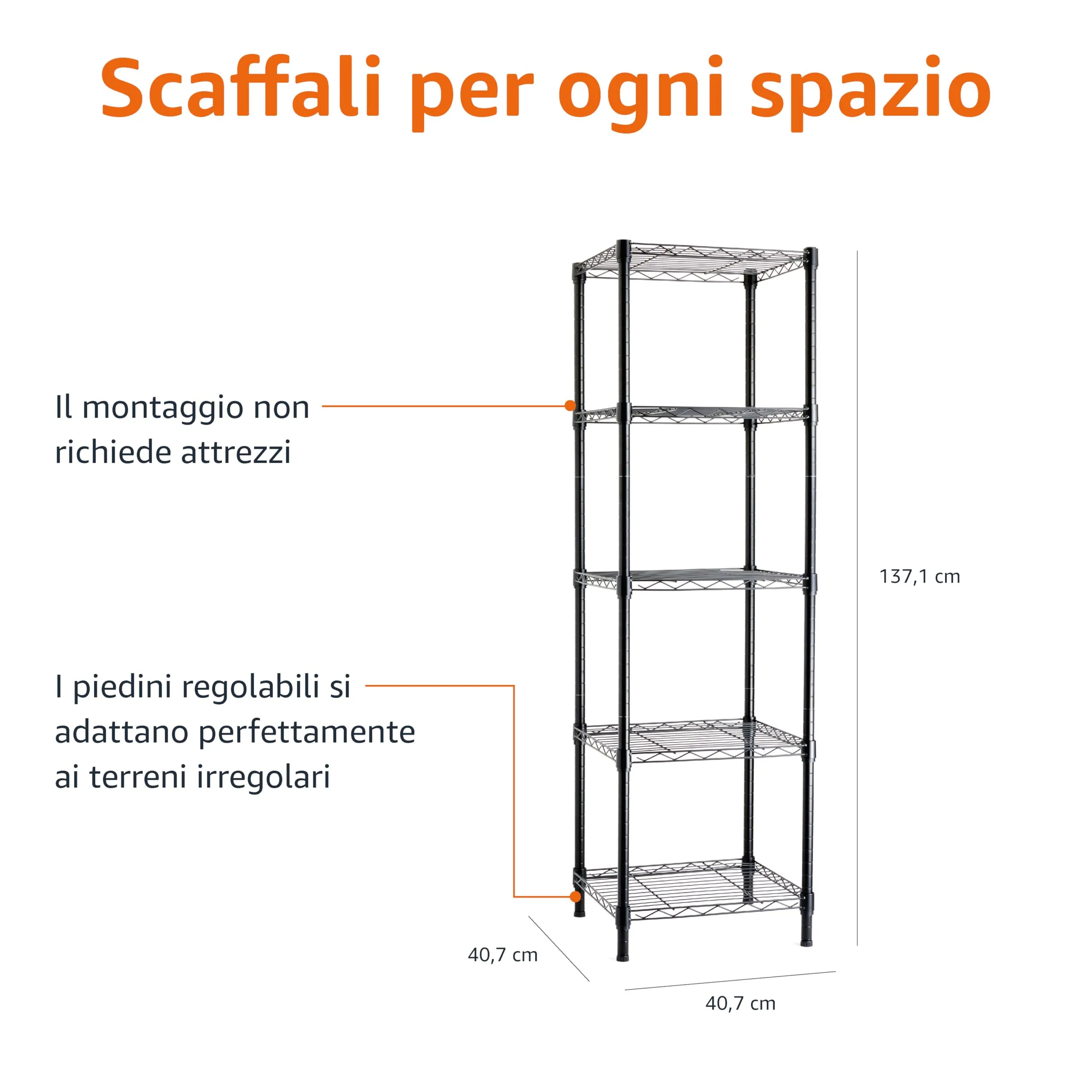 Amazon Basics Scaffale a Torre Regolabile con 5 Ripiani, Nero, 40.6 x 40.6 x 137.2 cm - immagine 3