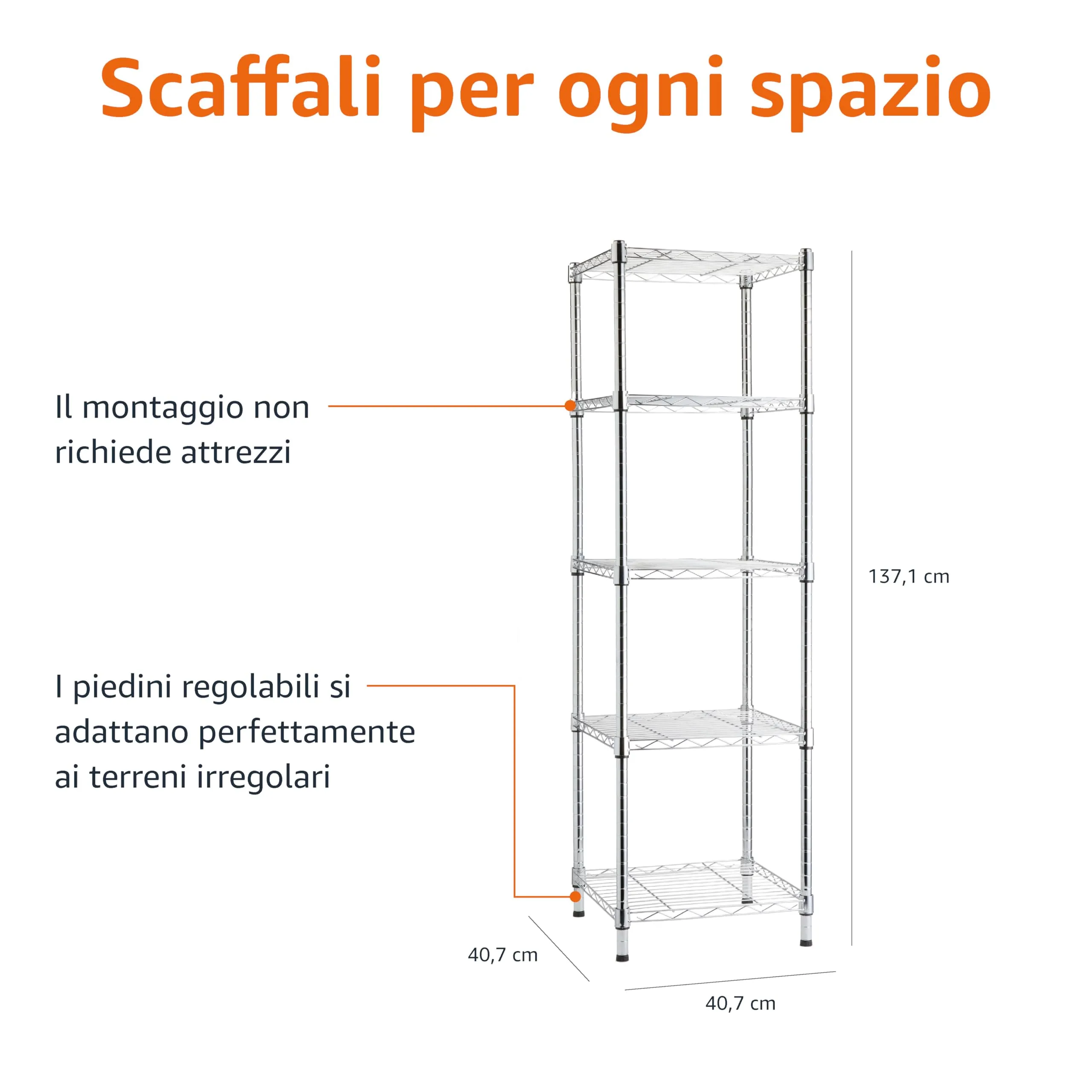 Amazon Basics Scaffale a torre regolabile con 5 ripiani, cromato, 40.6 x 40.6 x 137.2 cm - immagine 2