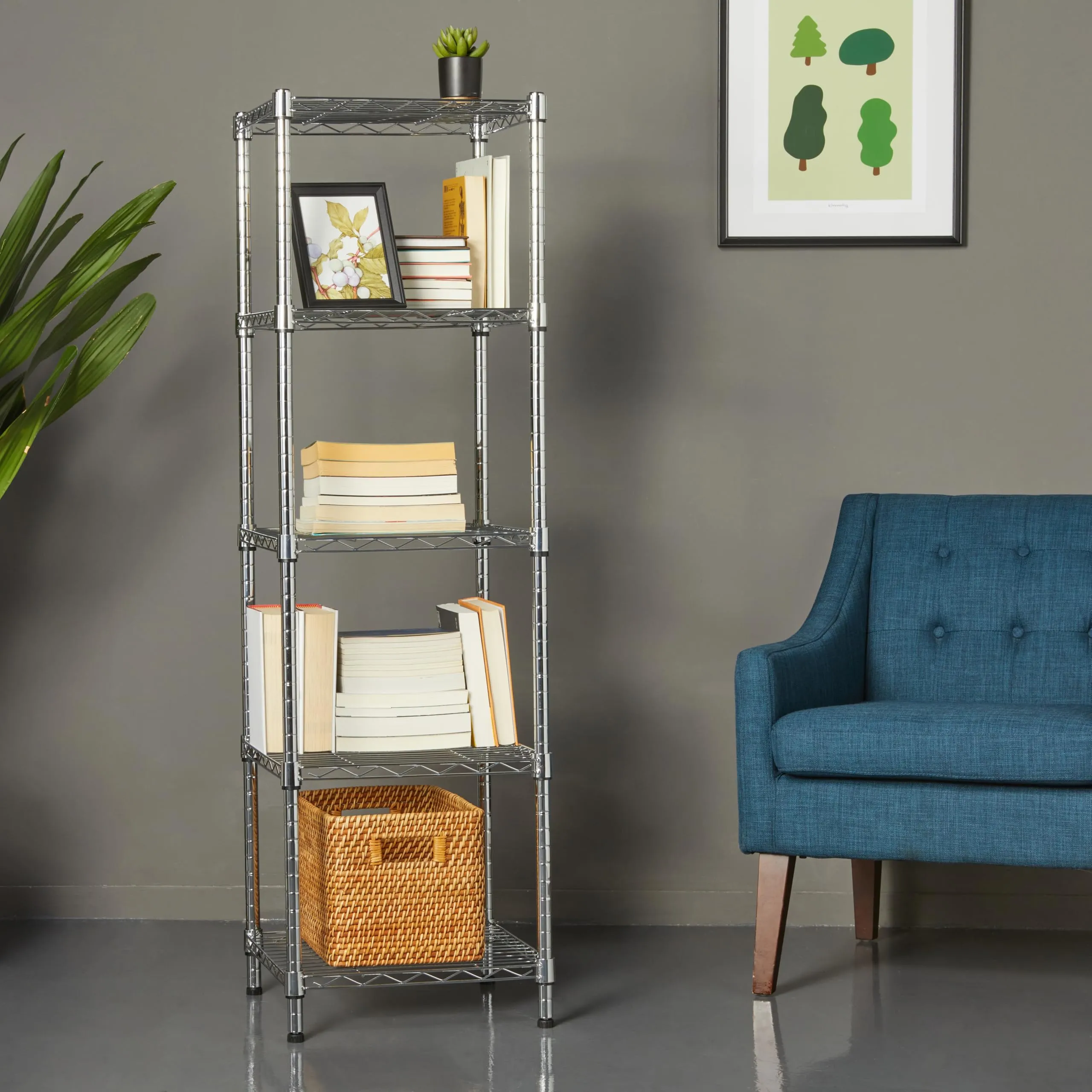 Amazon Basics Scaffale a torre regolabile con 5 ripiani, cromato, 40.6 x 40.6 x 137.2 cm - immagine 5