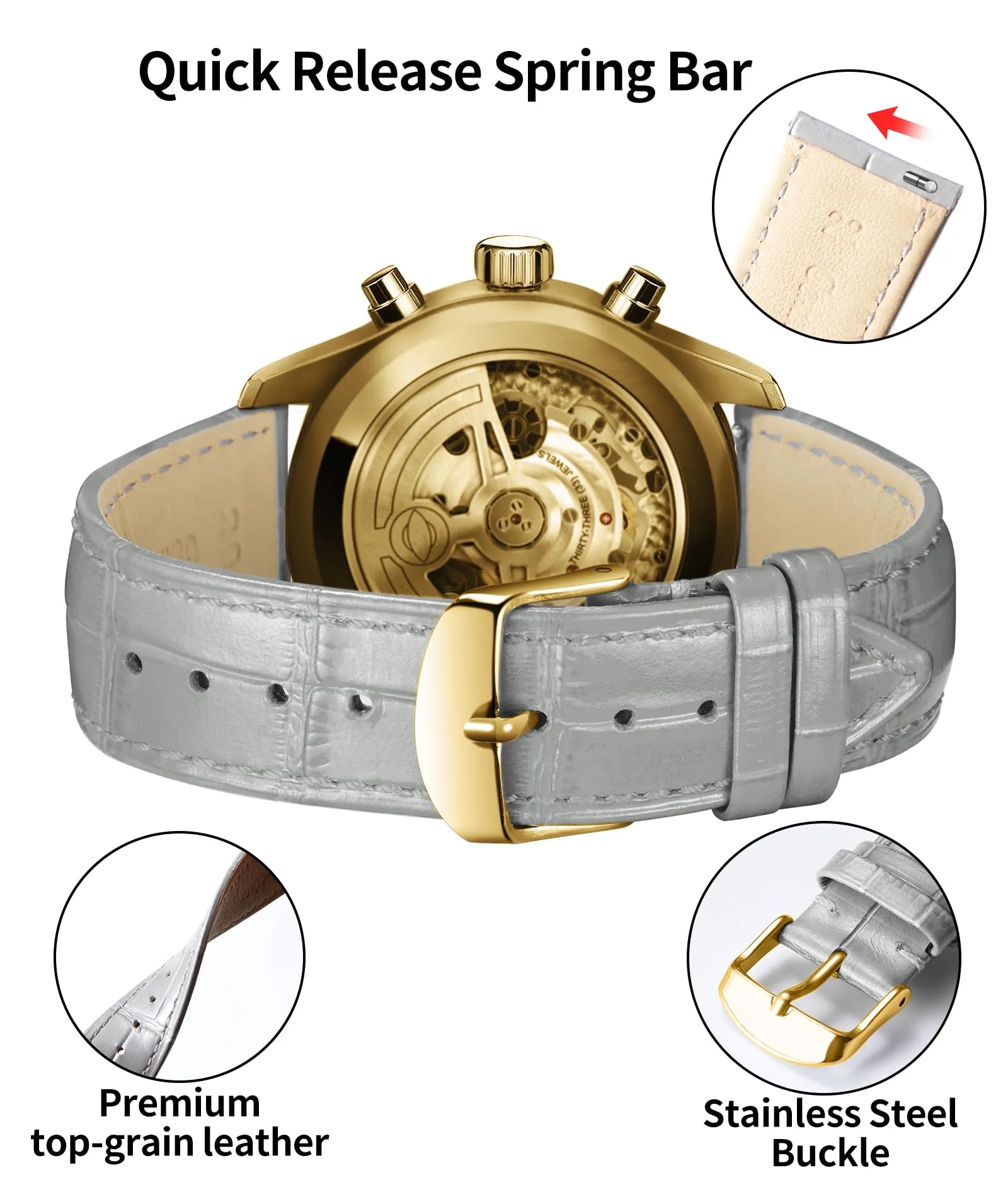 BINLUN Cinturino per Orologio in Pelle Sgancio Rapido, 19 mm, Grigio - immagine 3