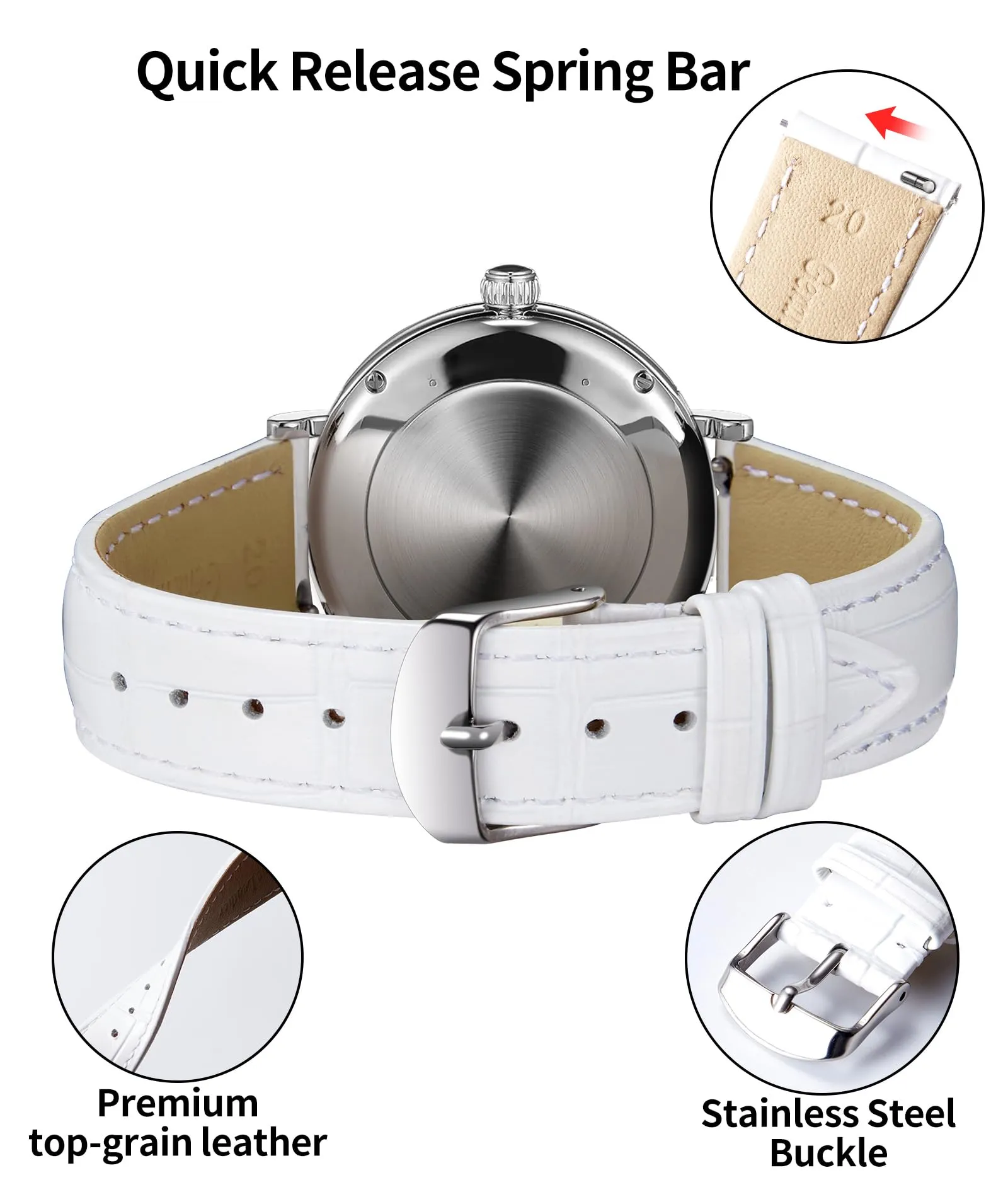 BINLUN Cinturino per Orologio in Pelle di Vitello a Sgancio Rapido, 21mm, Bianca - immagine 3
