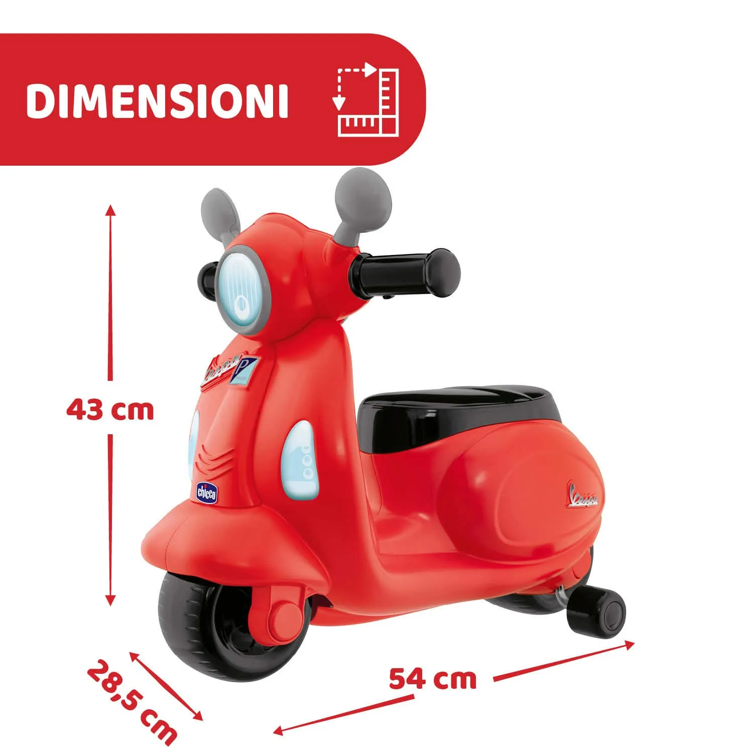 Chicco Vespa Primavera per Bambini, Rossa, Moto Cavalcabile con Pannello Elettronico, Luci e Suoni, Ruote di Supporto Rimuovibili, Max 25 Kg - immagine 3