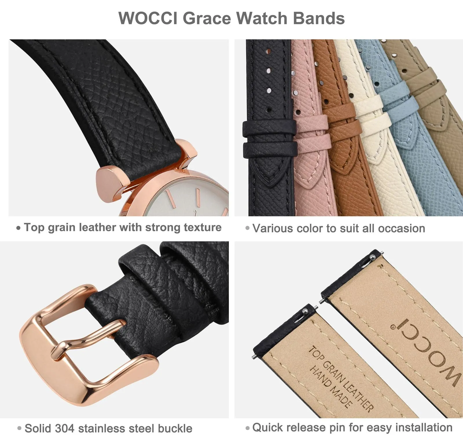 WOCCI Grace Cinturino per Orologio da Donna 12mm in Pelle, Sgancio Rapido, Fibbia Oro Rosa, Nero - immagine 4