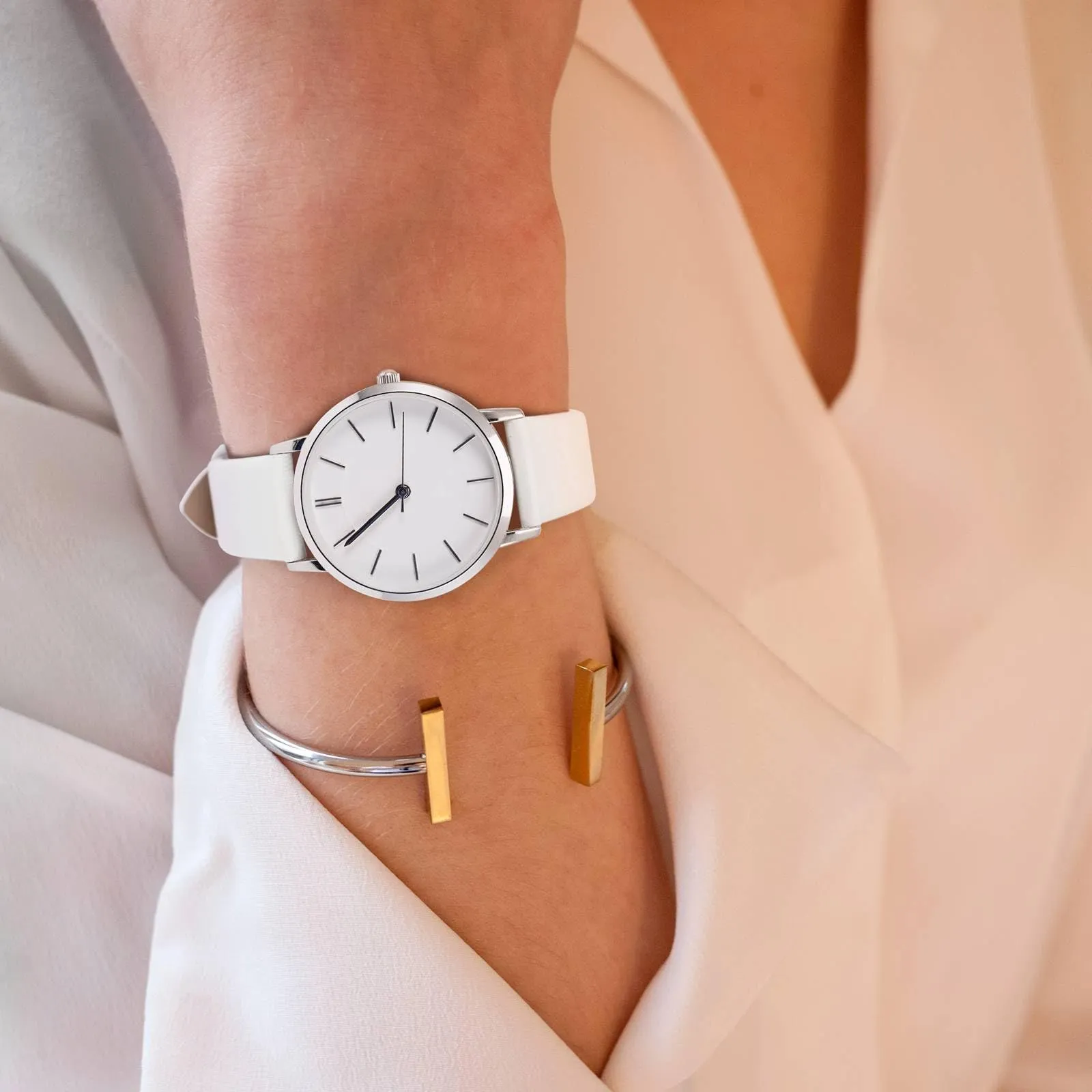 WOCCI Cinturino per Orologio in Pelle 18mm - Bianco con Fibbia Oro Rosa - immagine 5