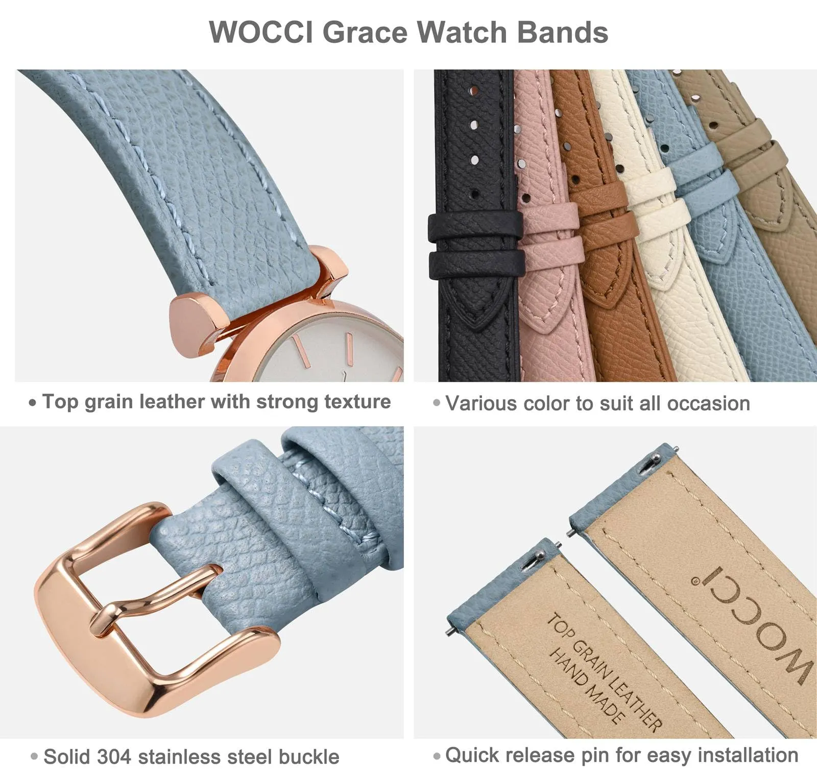 WOCCI Grace Cinturino per Orologio da Donna 20mm, Pelle Grana Superiore, Sgancio Rapido, Fibbia Oro Rosa, Nebbia Blu - immagine 4