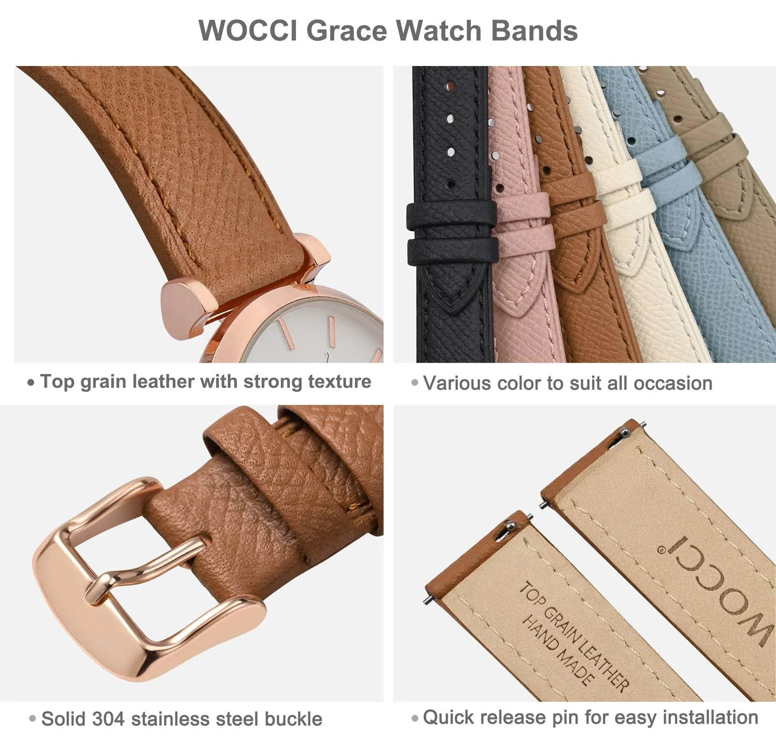 WOCCI Grace Cinturino per Orologio da Donna 18mm, Pelle Grana Superiore, Sgancio Rapido, Fibbia Oro Rosa, Marrone - immagine 4