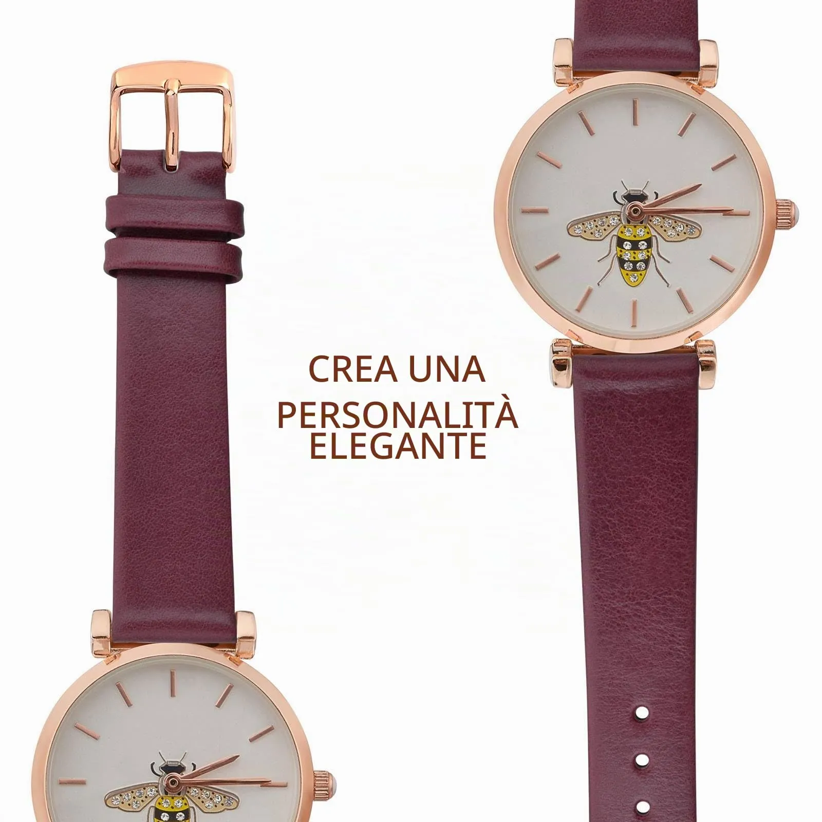 WOCCI Cinturino per Orologio in Pelle 14mm - Prugna Scura, Fibbia Oro Rosa - immagine 8