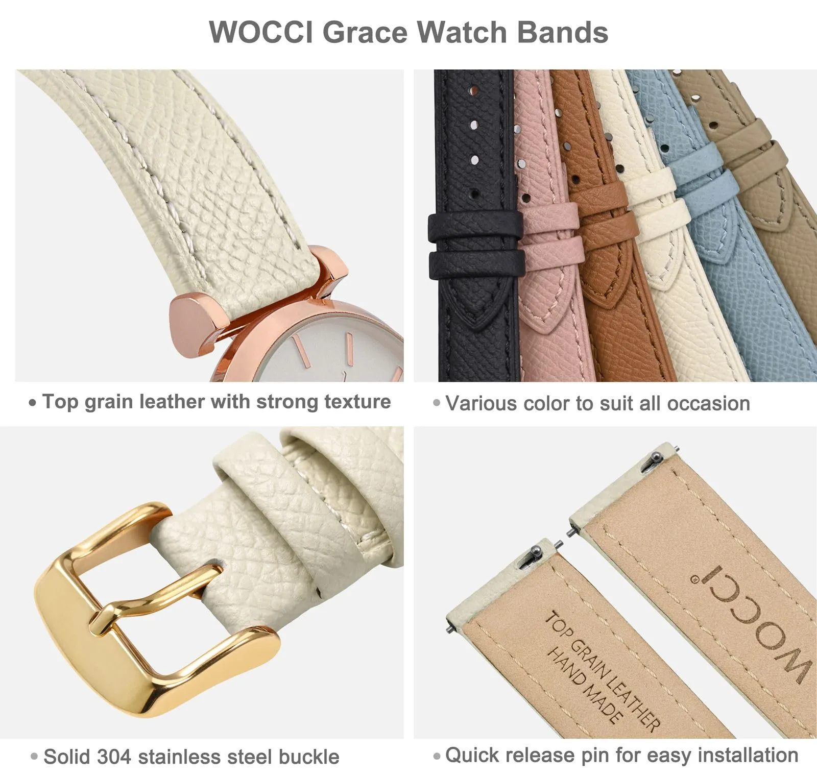 WOCCI Grace Cinturino per Orologio da Donna 16mm, Pelle Grana Superiore, Sgancio Rapido, Fibbia Oro, Beige - immagine 4