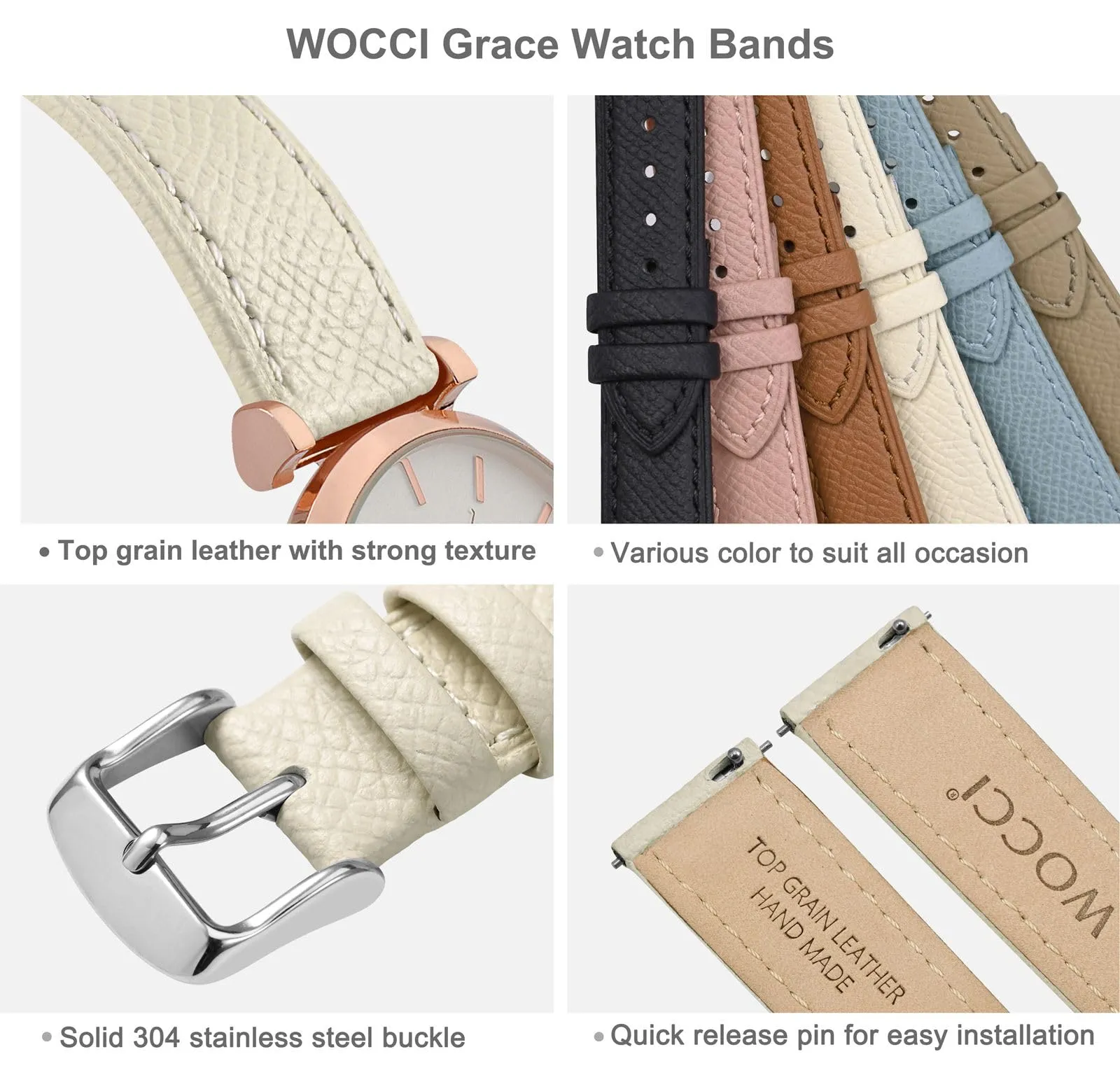 WOCCI Grace Cinturino per Orologio da Donna, 20mm, Pelle Grana Superiore, Sgancio Rapido, Fibbia Argento (Beige) - immagine 4