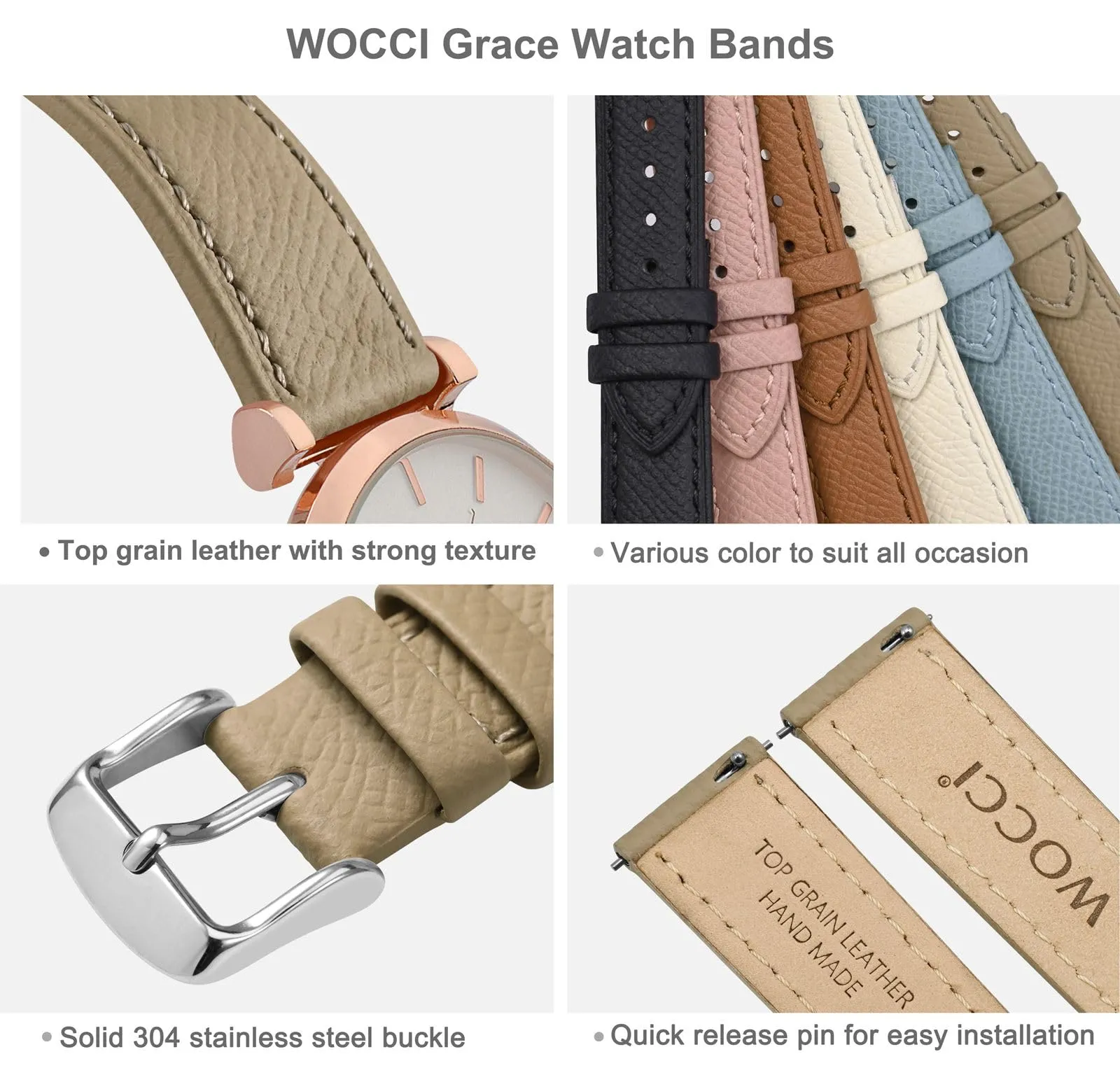 WOCCI Grace Cinturino per Orologio da Donna, 20mm, Pelle Grana Superiore, Sgancio Rapido, Fibbia Argento, Tè - immagine 4
