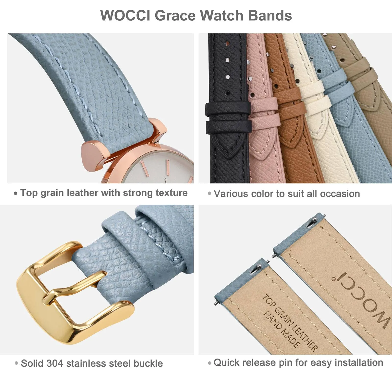 WOCCI Grace Cinturino per Orologio da Donna 14mm, Pelle Grana Superiore, Sgancio Rapido, Fibbia Oro (Nebbia Blu) - immagine 4