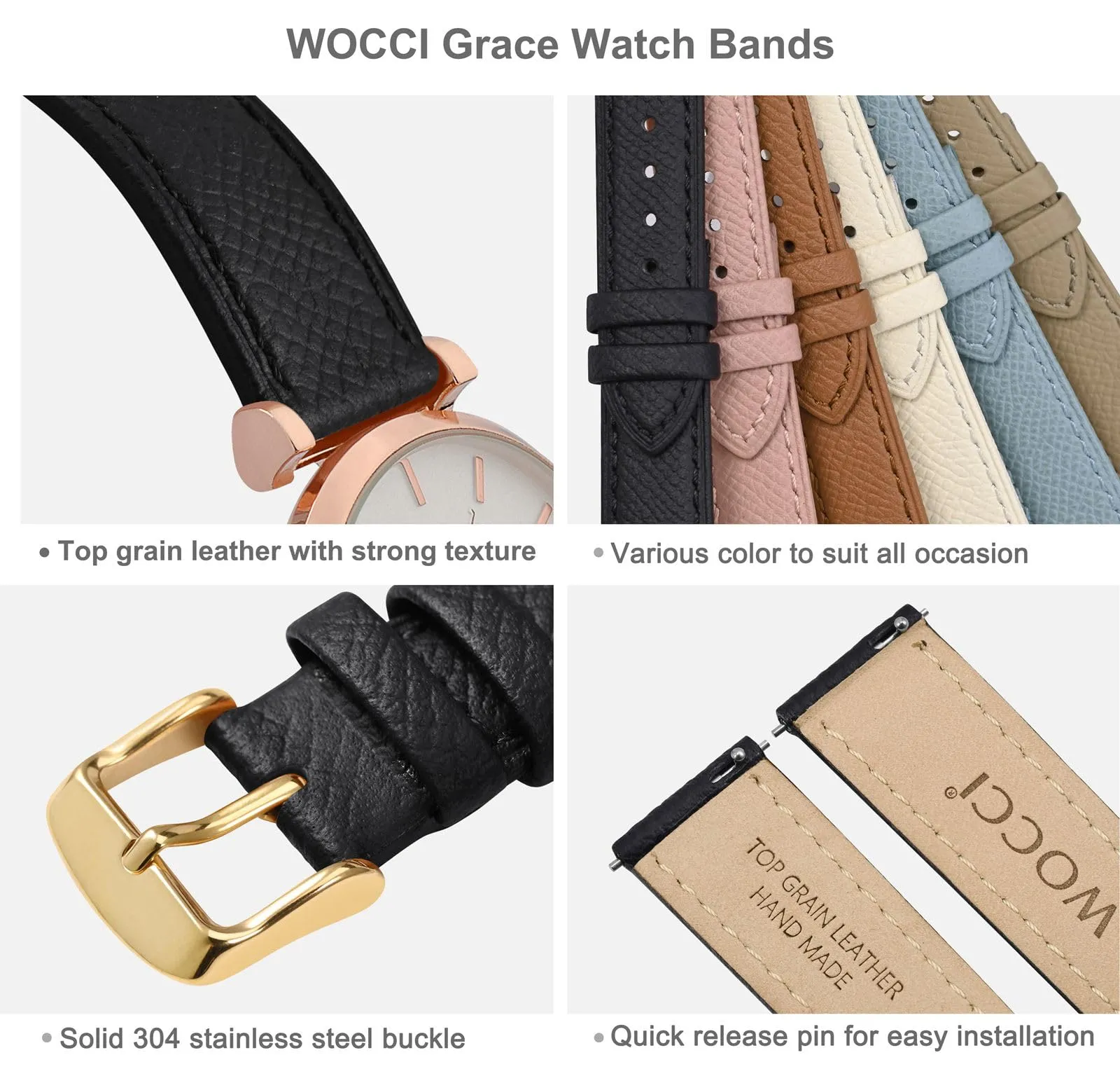 WOCCI Grace Cinturino per Orologio da Donna, 16mm, Pelle Grana Superiore, Sgancio Rapido, Fibbia Oro, Nero - immagine 4