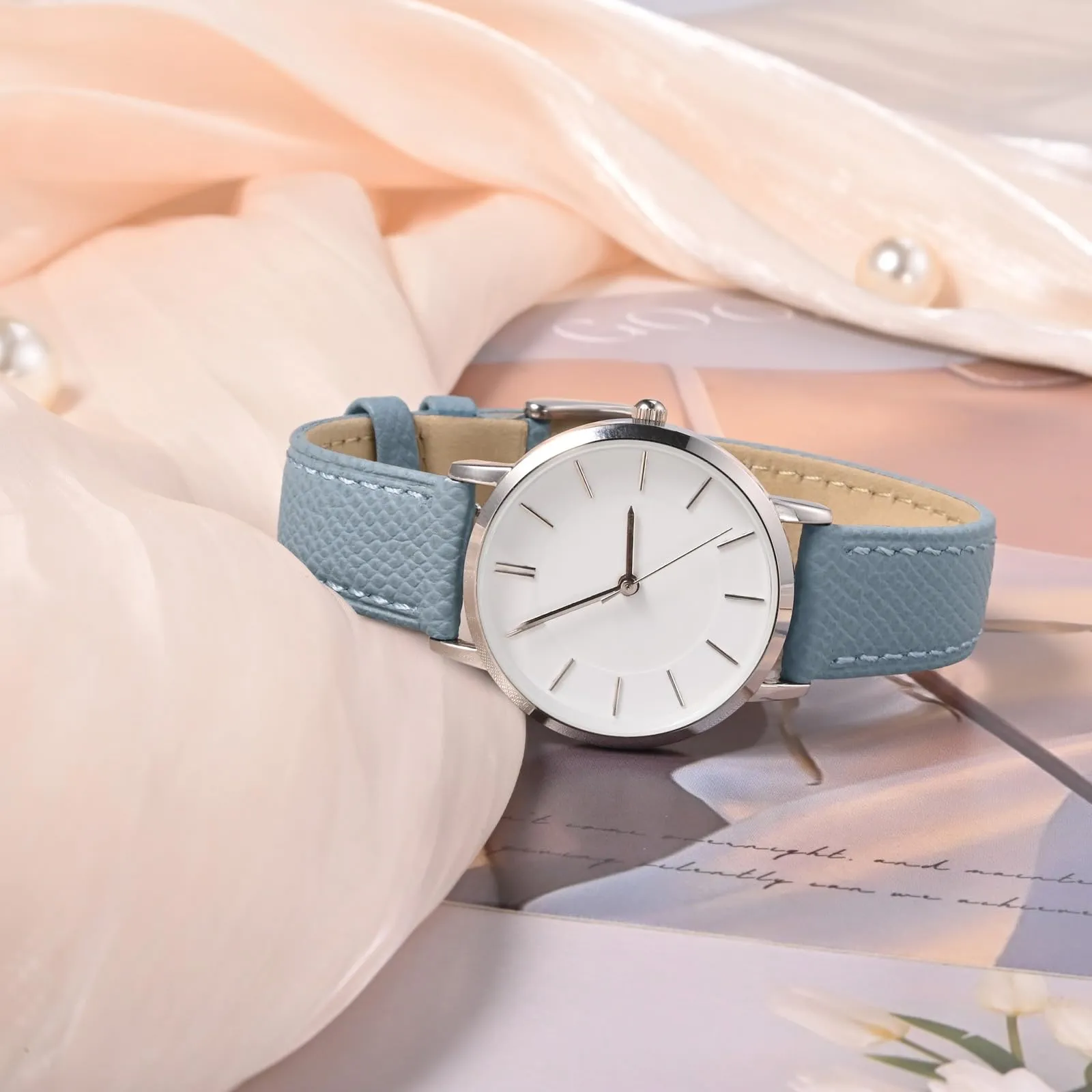 WOCCI Grace Cinturino per Orologio da Donna 14mm, Pelle Grana Superiore, Sgancio Rapido, Fibbia Argento, Nebbia Blu - immagine 2