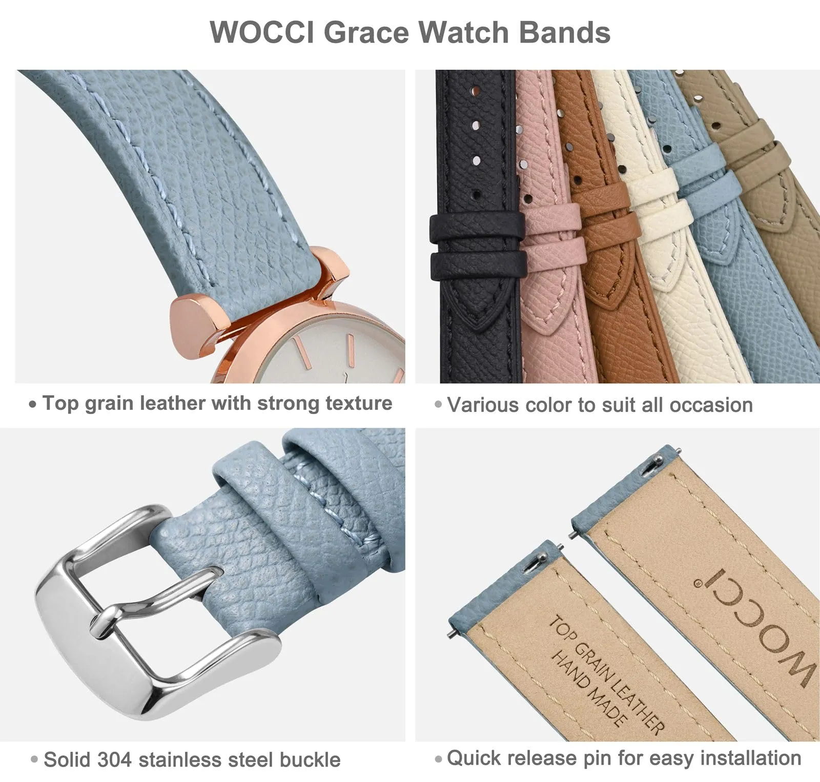 WOCCI Grace Cinturino per Orologio da Donna 14mm, Pelle Grana Superiore, Sgancio Rapido, Fibbia Argento, Nebbia Blu - immagine 4