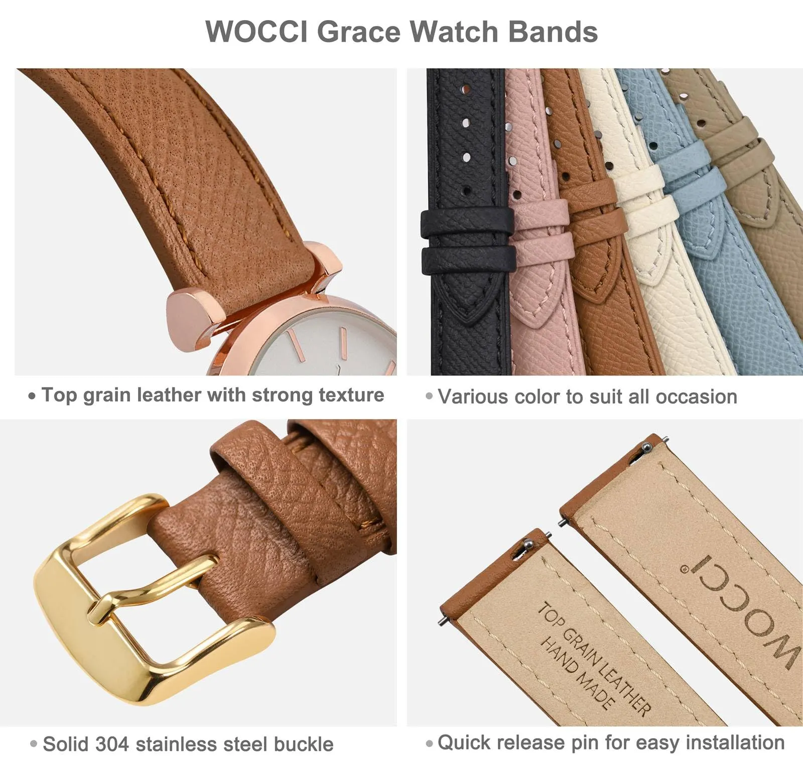 WOCCI Grace Cinturino per Orologio da Donna 16mm, Pelle Grana Superiore, Sgancio Rapido, Fibbia Oro, Marrone - immagine 4