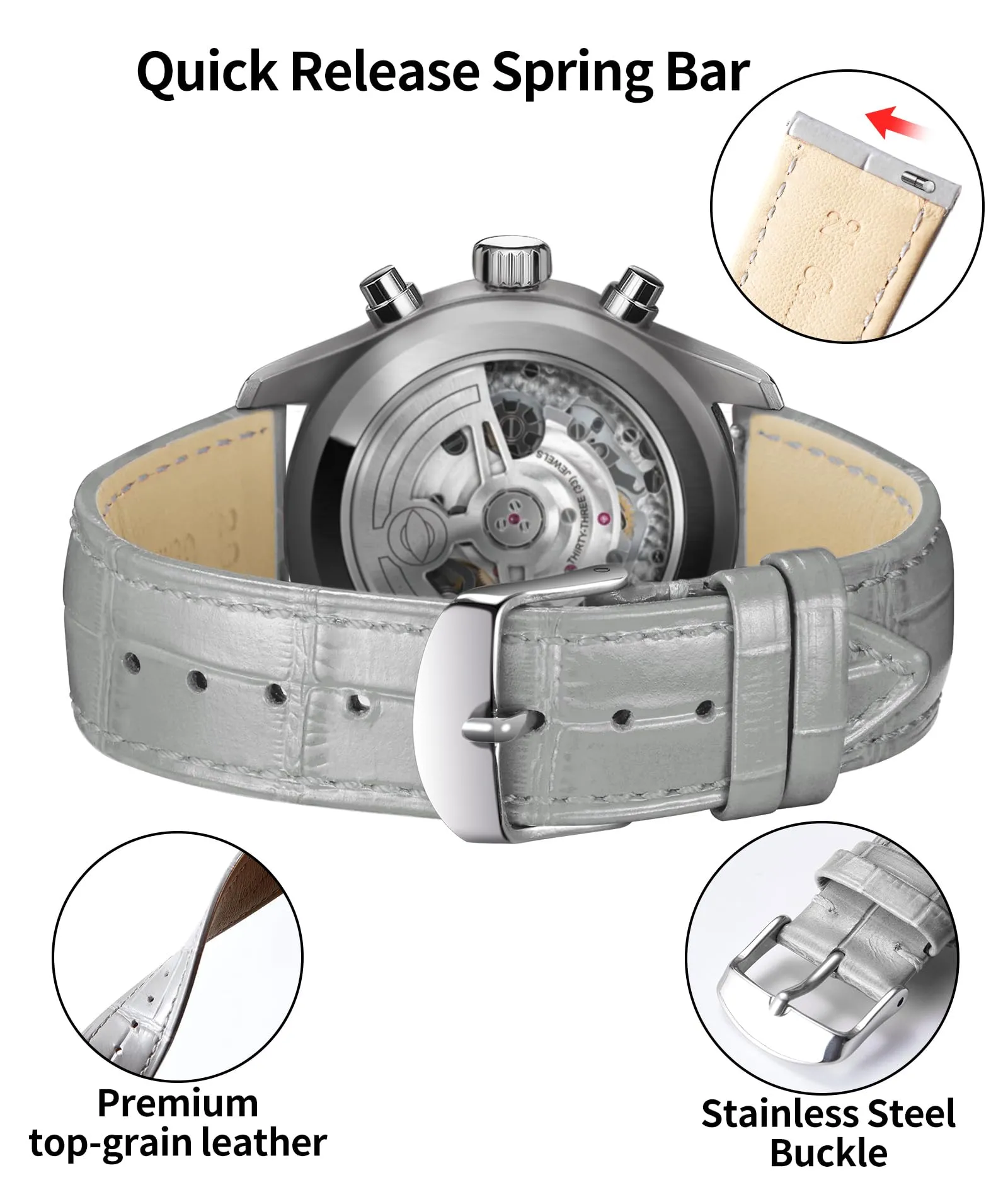 BINLUN Cinturino per Orologio in Pelle Sgancio Rapido 23mm - Grigio - immagine 3