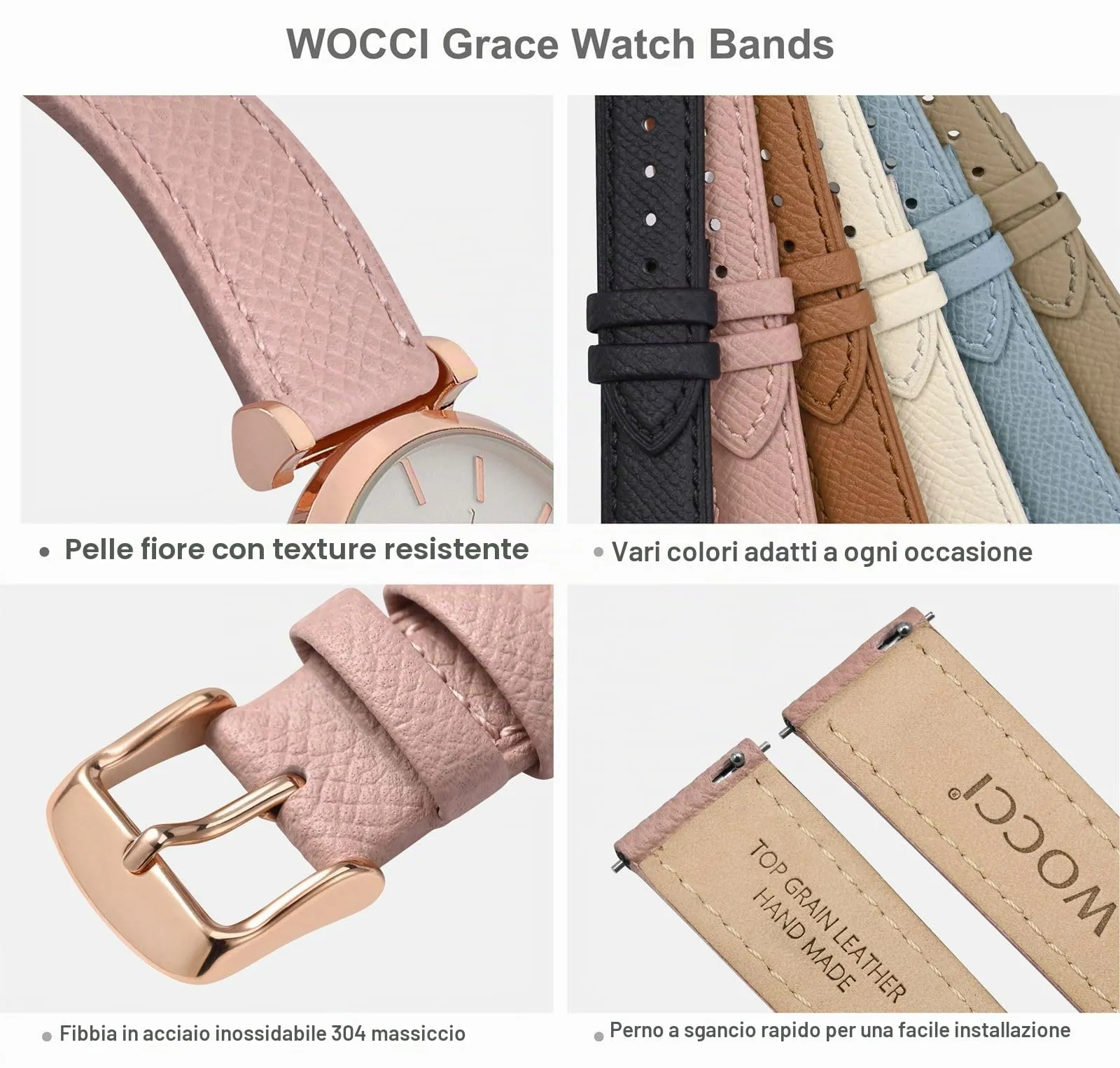 WOCCI Grace Cinturino per Orologio da Donna, Pelle Grana Superiore, 14mm, Sgancio Rapido, Fibbia Oro Rosa, Retro Rosa - immagine 4