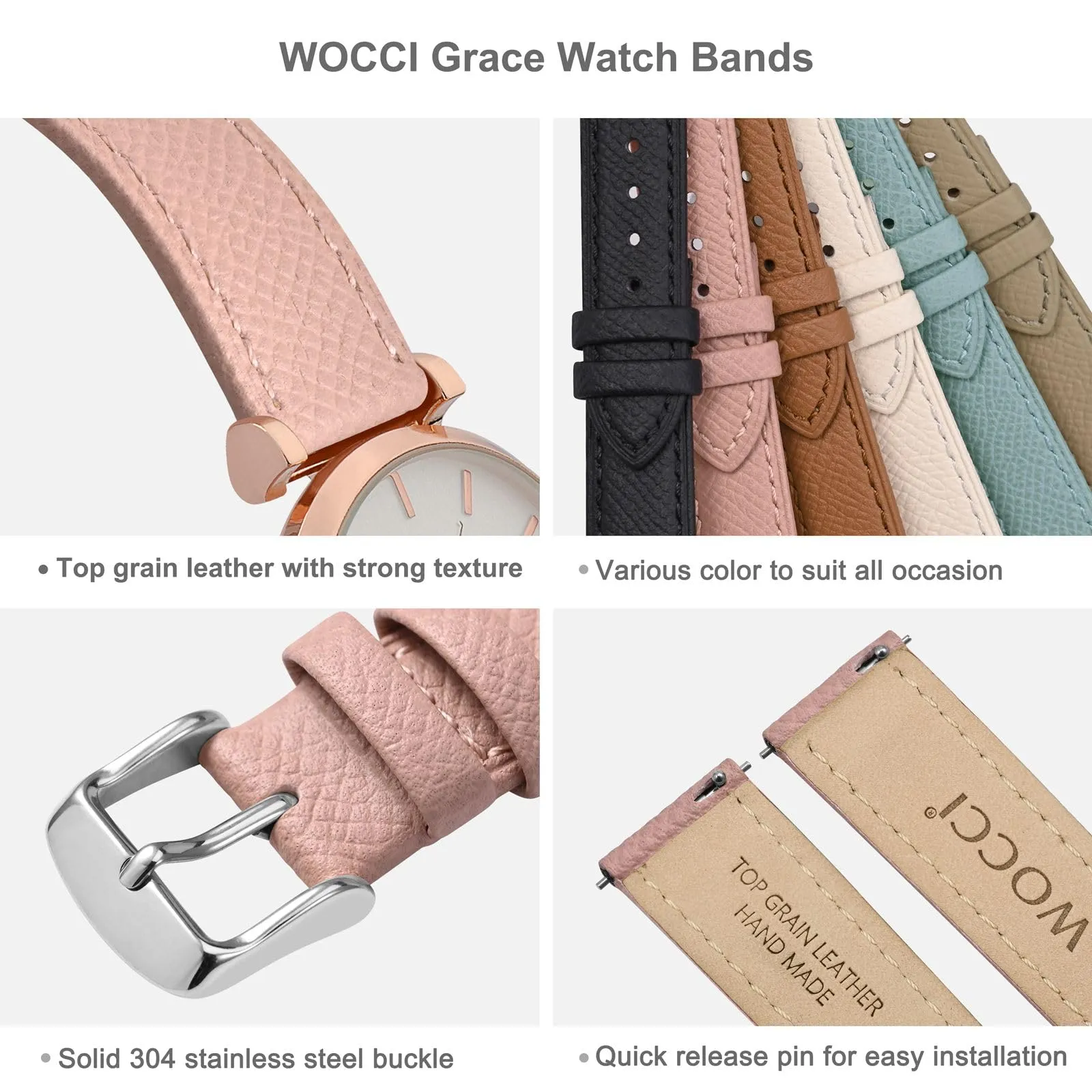 WOCCI Grace Cinturino per Orologio da Donna, 12mm, Pelle Grana Superiore, Sgancio Rapido, Fibbia Argento, Retro Rosa - immagine 4