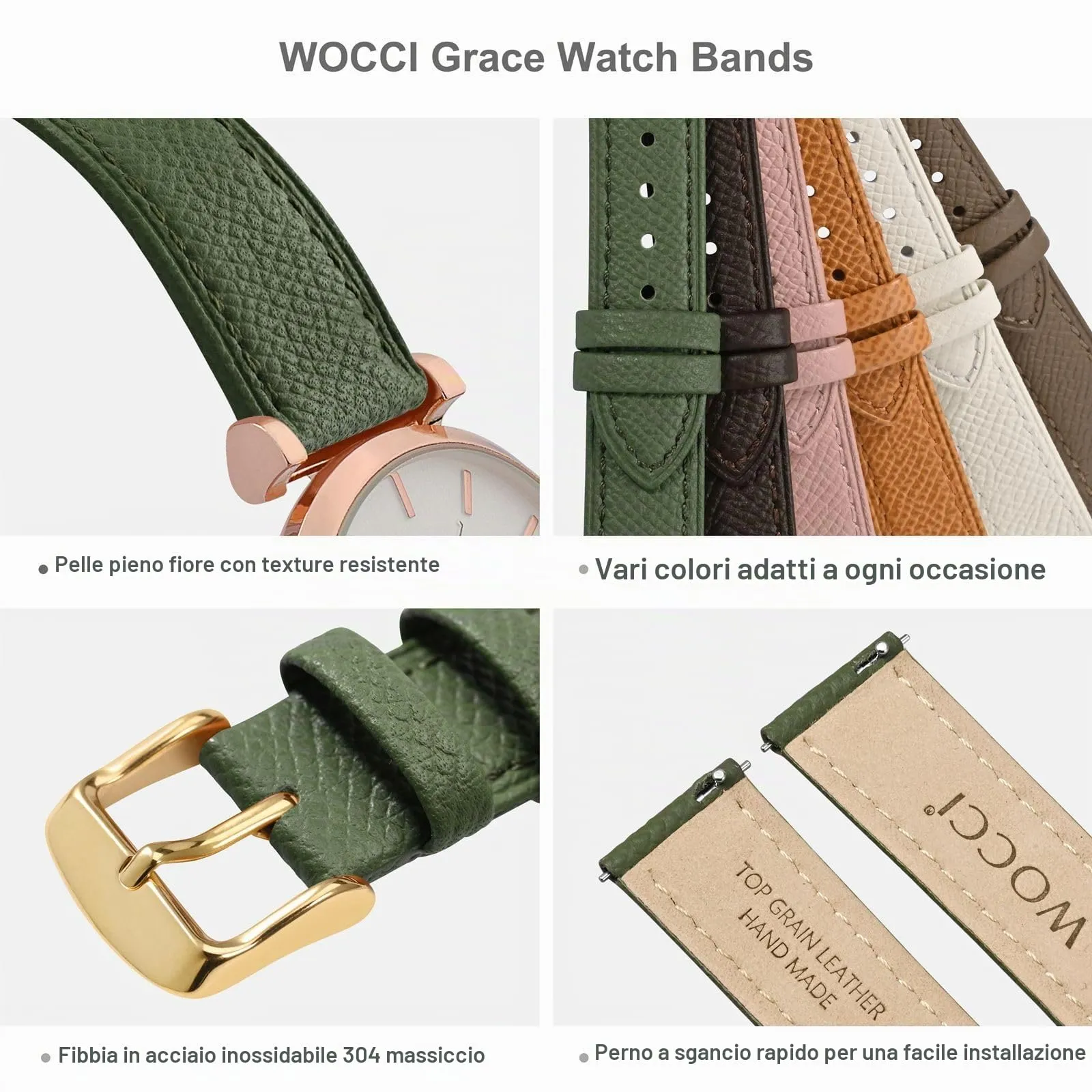 WOCCI Grace Cinturino per Orologio da Donna, 12mm, Pelle Grana Superiore, Sgancio Rapido, Fibbia Oro, Reseda Verde - immagine 4
