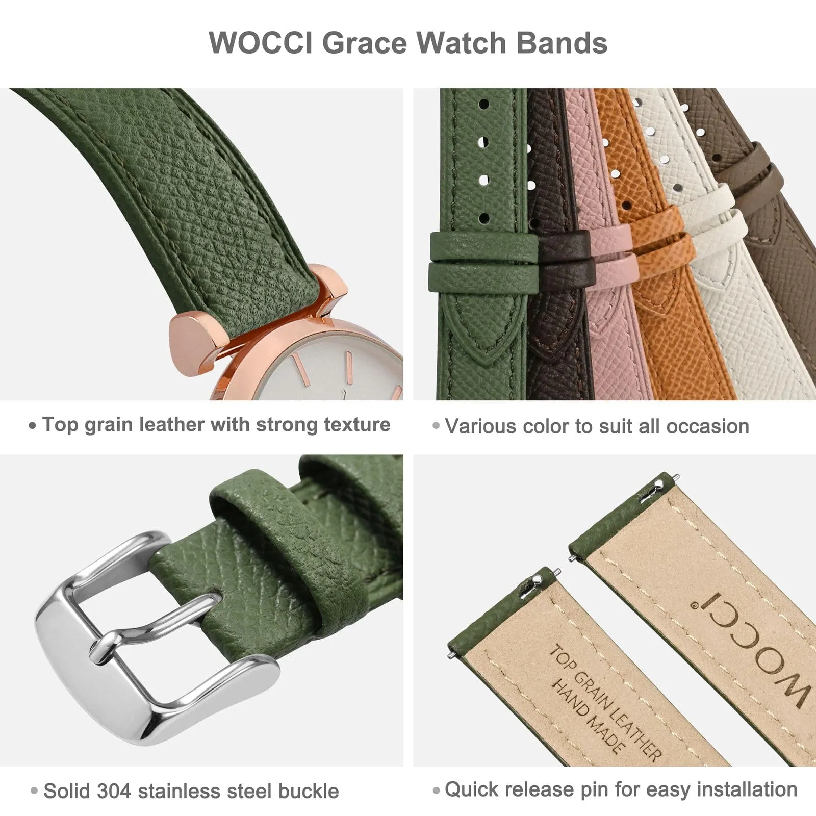 WOCCI Grace Cinturino per Orologio da Donna, Pelle Grana Superiore, 12mm, Sgancio Rapido, Fibbia Argento, Reseda Verde - immagine 4
