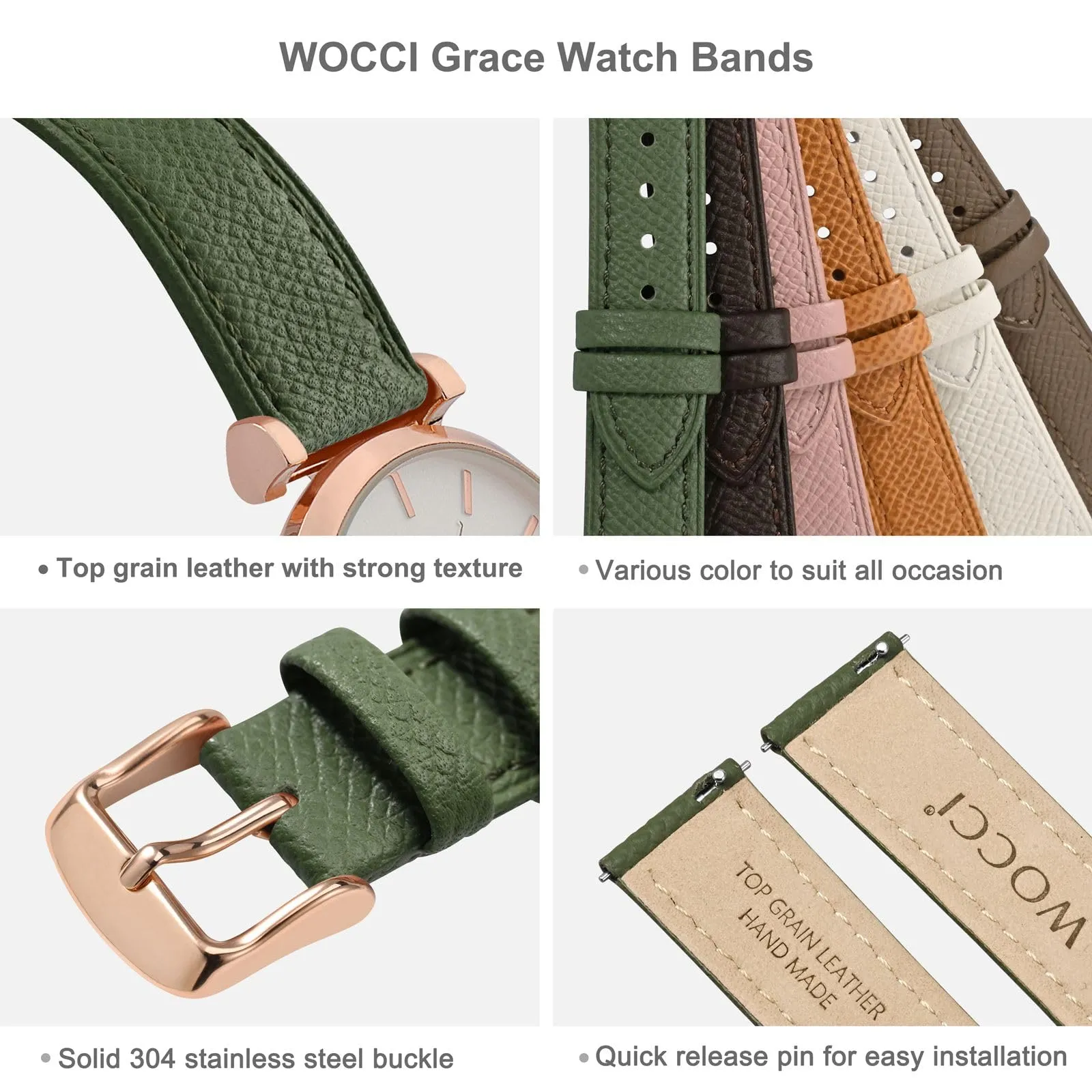 WOCCI Grace Cinturino per Orologio da Donna 16mm, Pelle Grana Superiore, Sgancio Rapido, Fibbia Oro Rosa, Reseda Verde - immagine 4