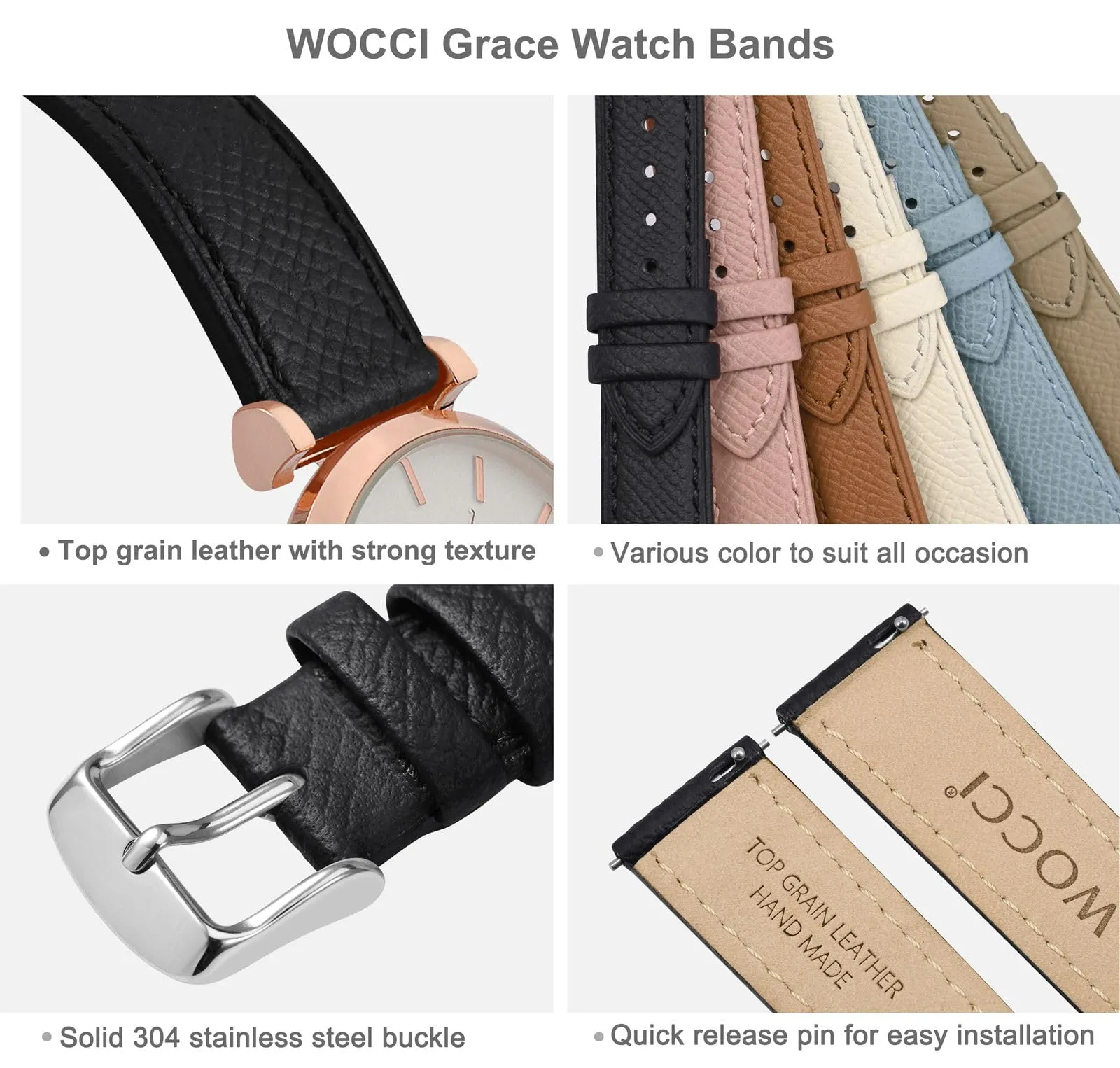 WOCCI Grace Cinturino per Orologio da Donna 15mm, Pelle Grana Superiore, Sgancio Rapido, Fibbia Argento, Nero - immagine 4