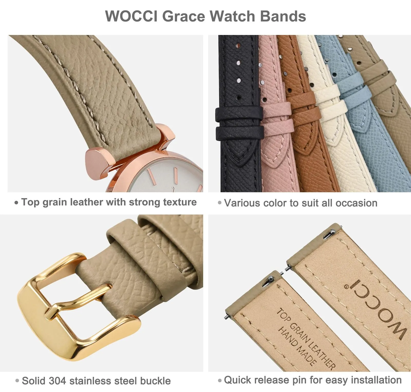 WOCCI Grace Cinturino per Orologio da Donna, Pelle Grana Superiore, 15mm, Sgancio Rapido, Fibbia Oro (Tè) - immagine 4