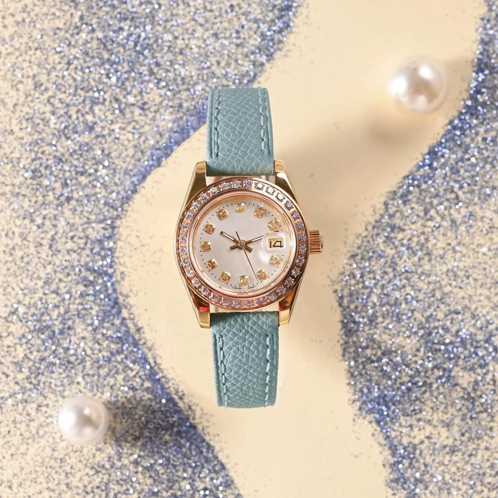WOCCI Grace Cinturino per Orologio da Donna, 15mm, Pelle Grana Superiore, Sgancio Rapido, Fibbia Oro, Nebbia Blu - immagine 8