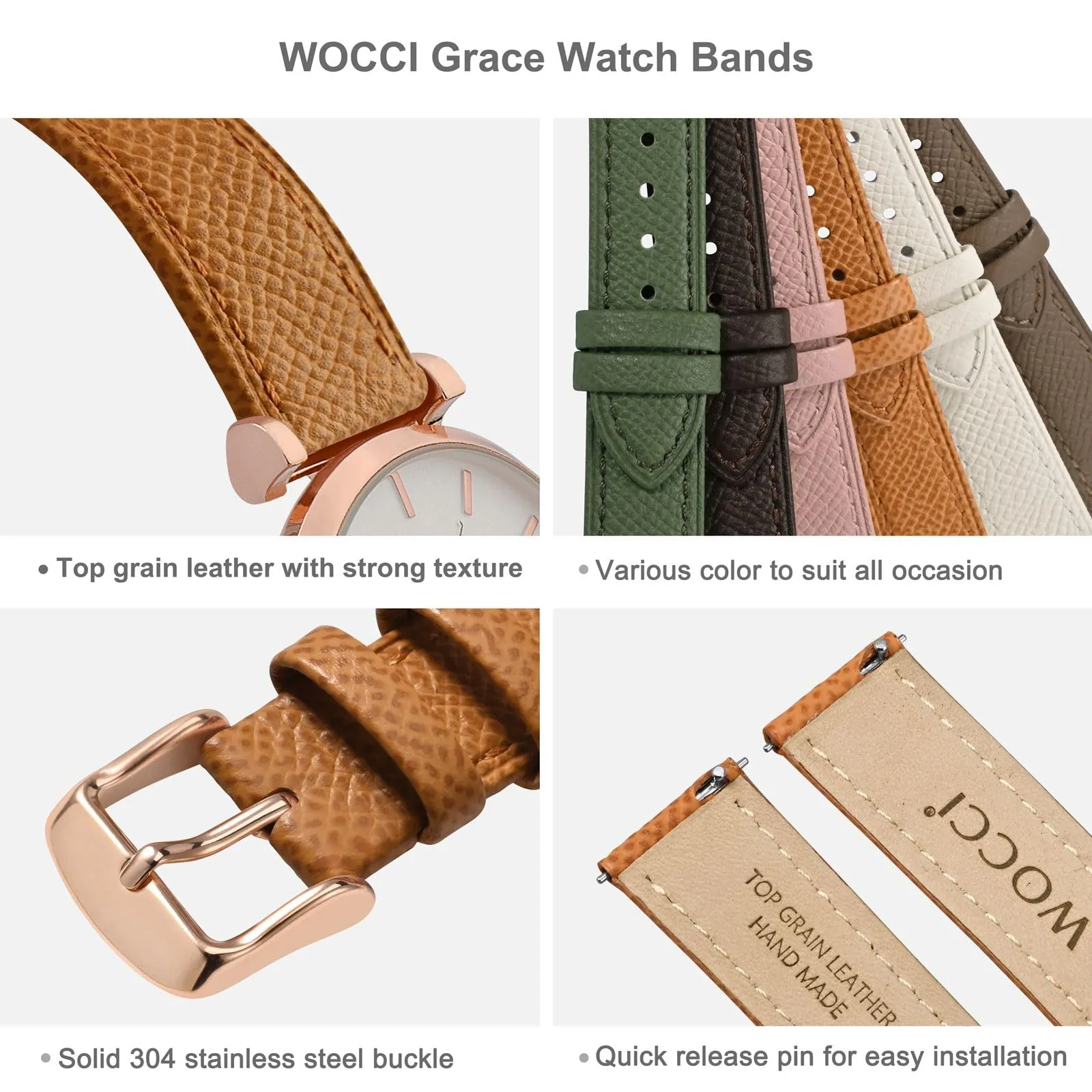 WOCCI Grace Cinturino per Orologio da Donna, 20mm, Pelle Grana Superiore, Sgancio Rapido, Fibbia Oro Rosa, Albicocca Tan - immagine 4