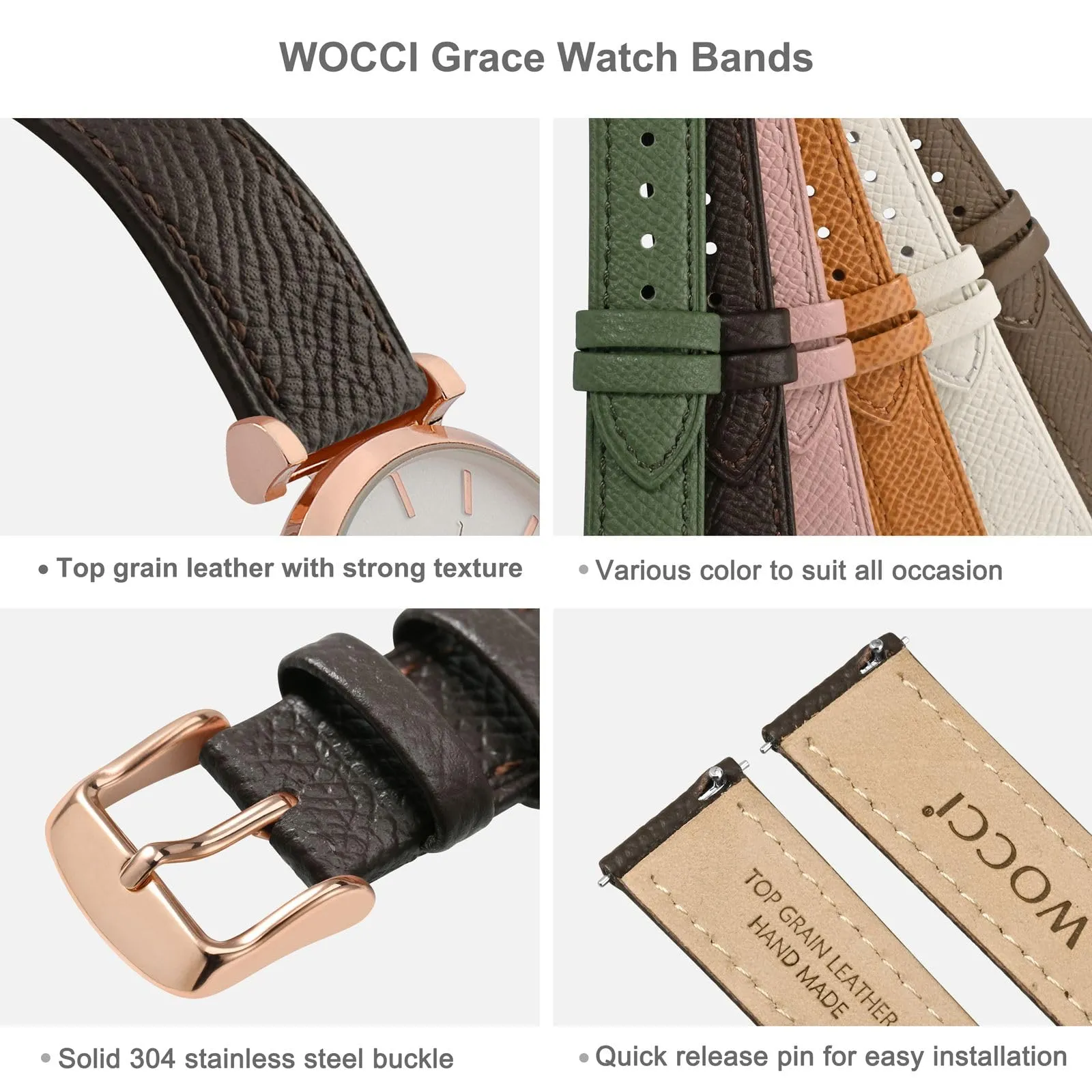 WOCCI Grace Cinturino per Orologio da Donna, 12mm, Pelle Grana Superiore, Sgancio Rapido, Fibbia Oro Rosa, Marrone Scuro - immagine 4